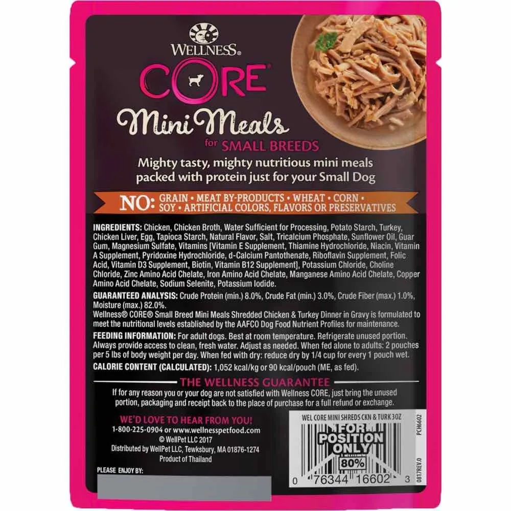 20% OFF: Wellness CORE Mini Meals Shredded Chicken & Turkey Dinner In Gravy Grain-Free Pouch Dog Food 3oz