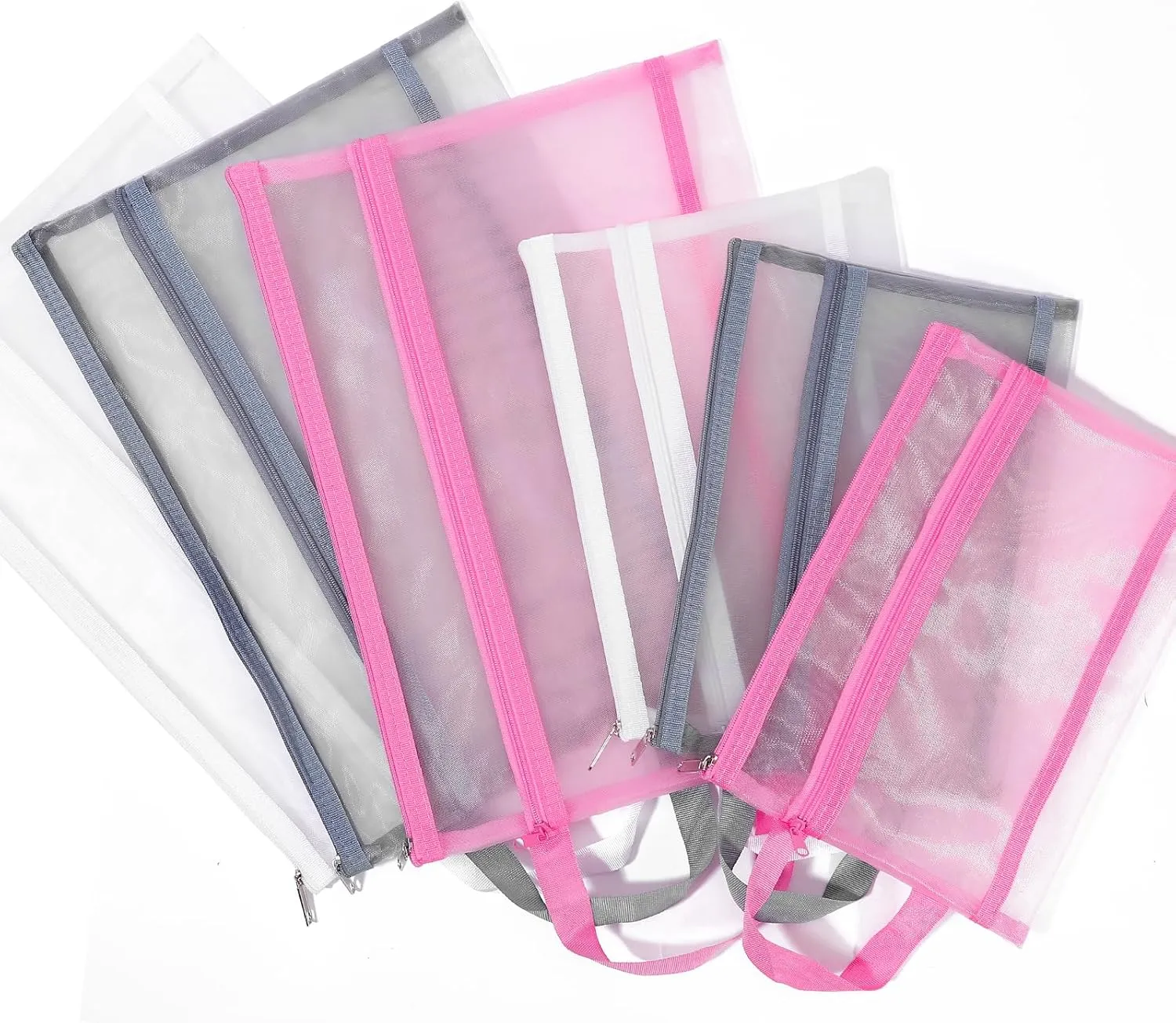 6 Pack Mesh Zipper Pouch Bags, Double Layer Nylon Pouch with Handle for Office Travel Organization (Grey, A5)