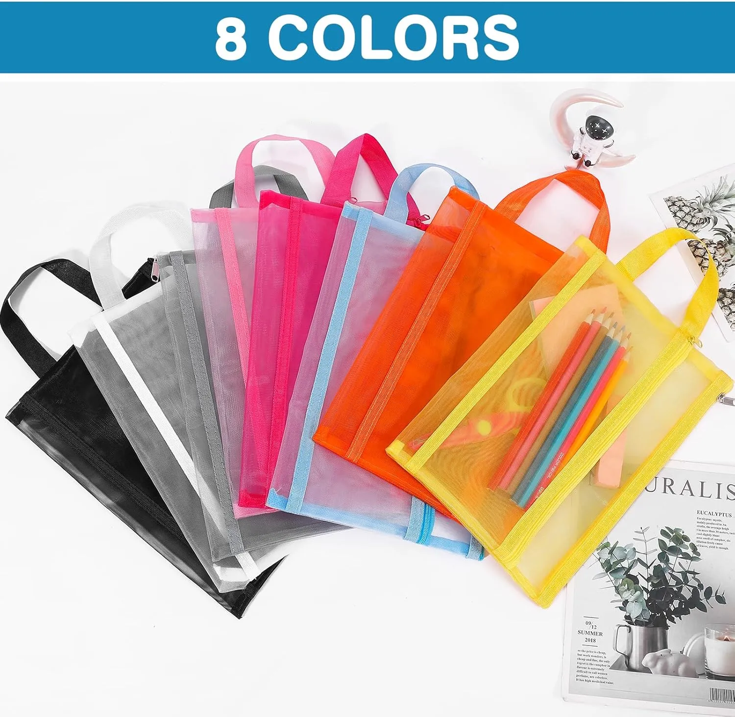 6 Pack Mesh Zipper Pouch Bags, Double Layer Nylon Pouch with Handle for Office Travel Organization (Grey, A5)