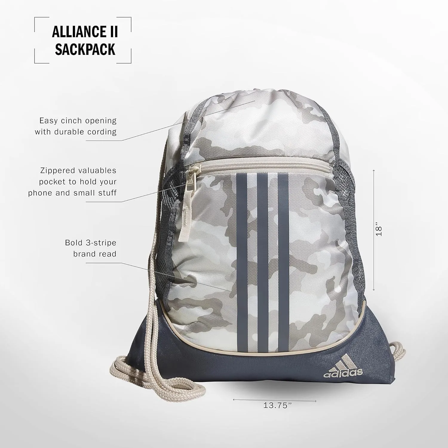 adidas Alliance Sackpack, Drawstring Backpack, Lightweight Small Gym Bag for Women and Men, Camouflage Wonder Beige/Onix Grey/Alumina Beige, One Size