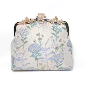Blue Floral Shimmering Gold Embroidered Fabric Lavender Floral Bridal Wedding Bag, Statement Bag, Evening Wedding Clutch, Cross Body Bag