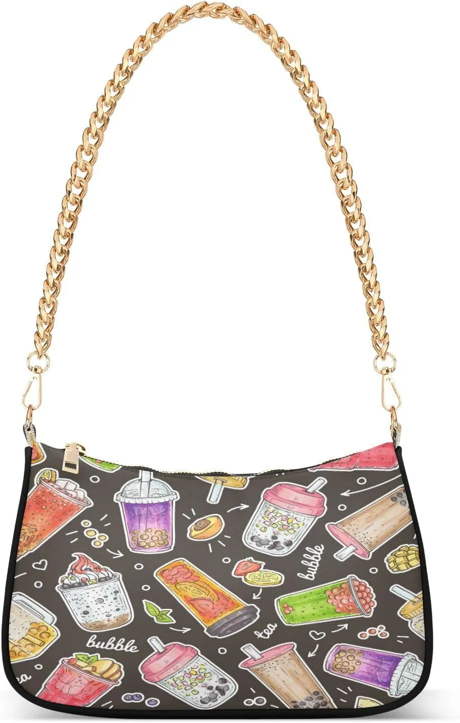 Bubble Tea Boba Fruit Womens Shoulder Bag for Women Girls Hobo Tote Handbag Gold Chain Crossbody Bag with Zipper Clutch Purse Handbags
