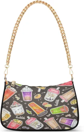 Bubble Tea Boba Fruit Womens Shoulder Bag for Women Girls Hobo Tote Handbag Gold Chain Crossbody Bag with Zipper Clutch Purse Handbags