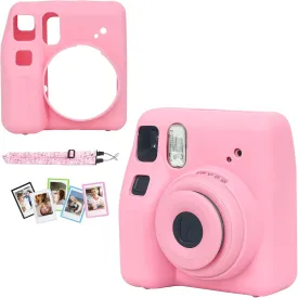 CAIYOULE Silicone Case for Instax SE, Protective Camera Case for Fujifilm Instax SE with Adjustable Shoulder Strap and Mini Magnetic Photo Bag x 5, No Camera (Pink)