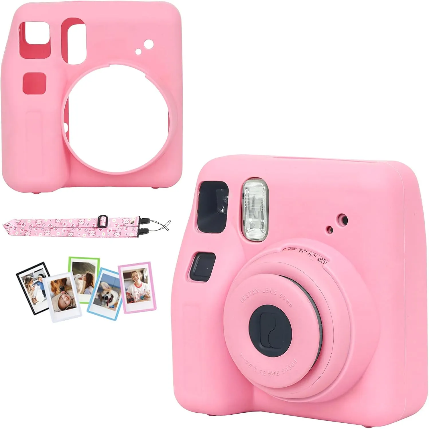 CAIYOULE Silicone Case for Instax SE, Protective Camera Case for Fujifilm Instax SE with Adjustable Shoulder Strap and Mini Magnetic Photo Bag x 5, No Camera (Pink)