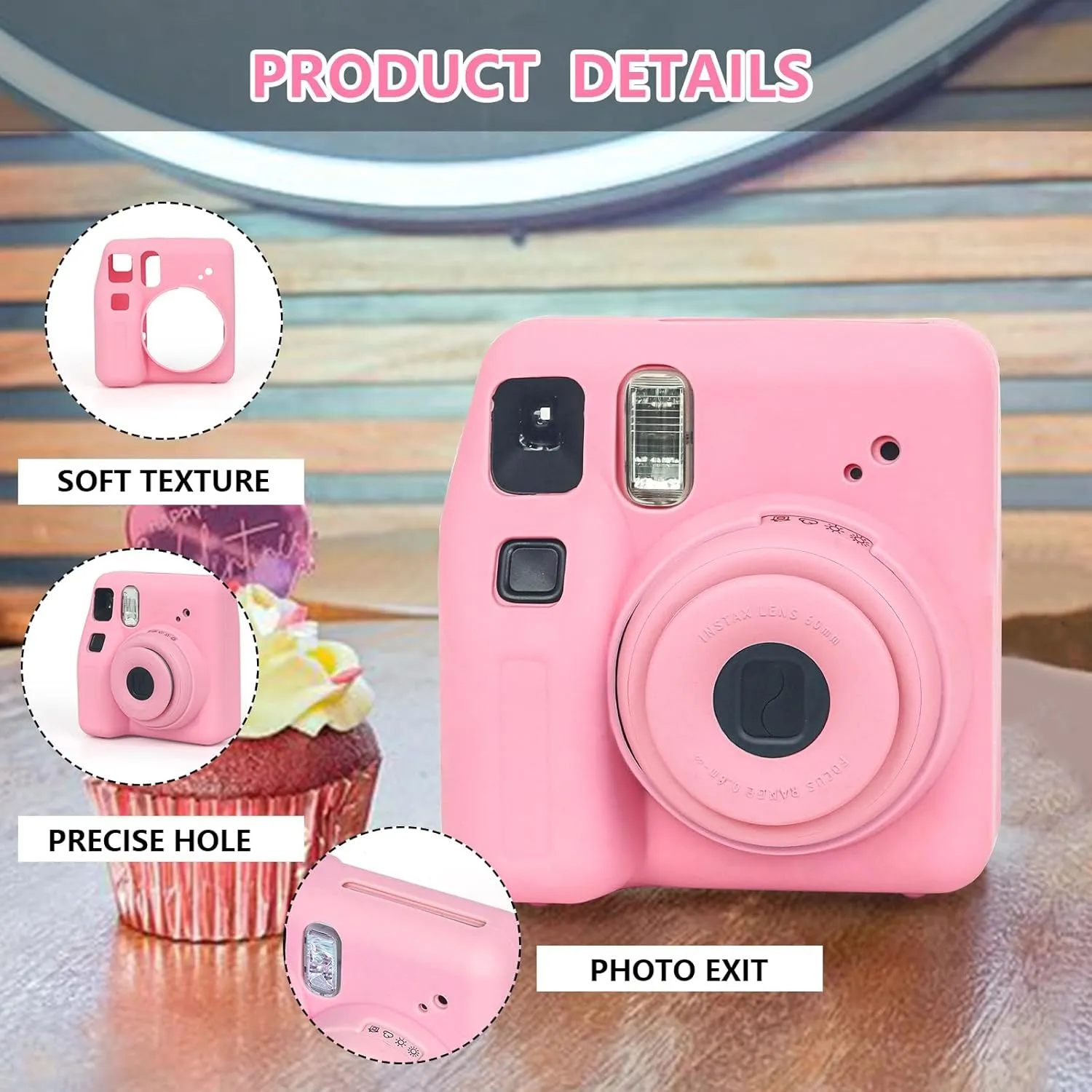 CAIYOULE Silicone Case for Instax SE, Protective Camera Case for Fujifilm Instax SE with Adjustable Shoulder Strap and Mini Magnetic Photo Bag x 5, No Camera (Pink)