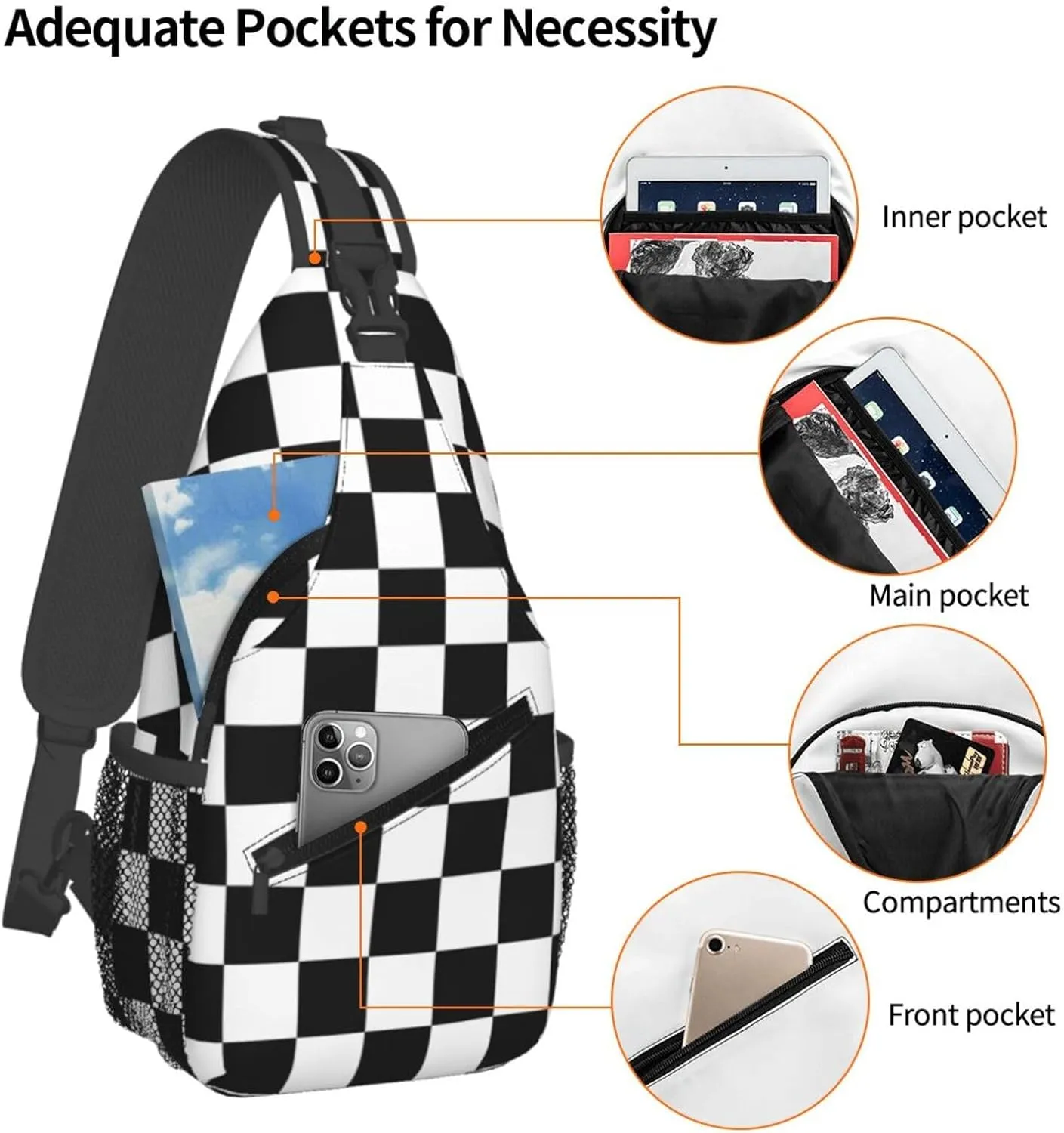 Checkered Sling Bag for Women Crossbody Bag Checkerboard with Black and White Squares Sling Backpack for Men Abstract Geometric Pattern Shoulder Bag Gym Sports Travel Hiking Daypack