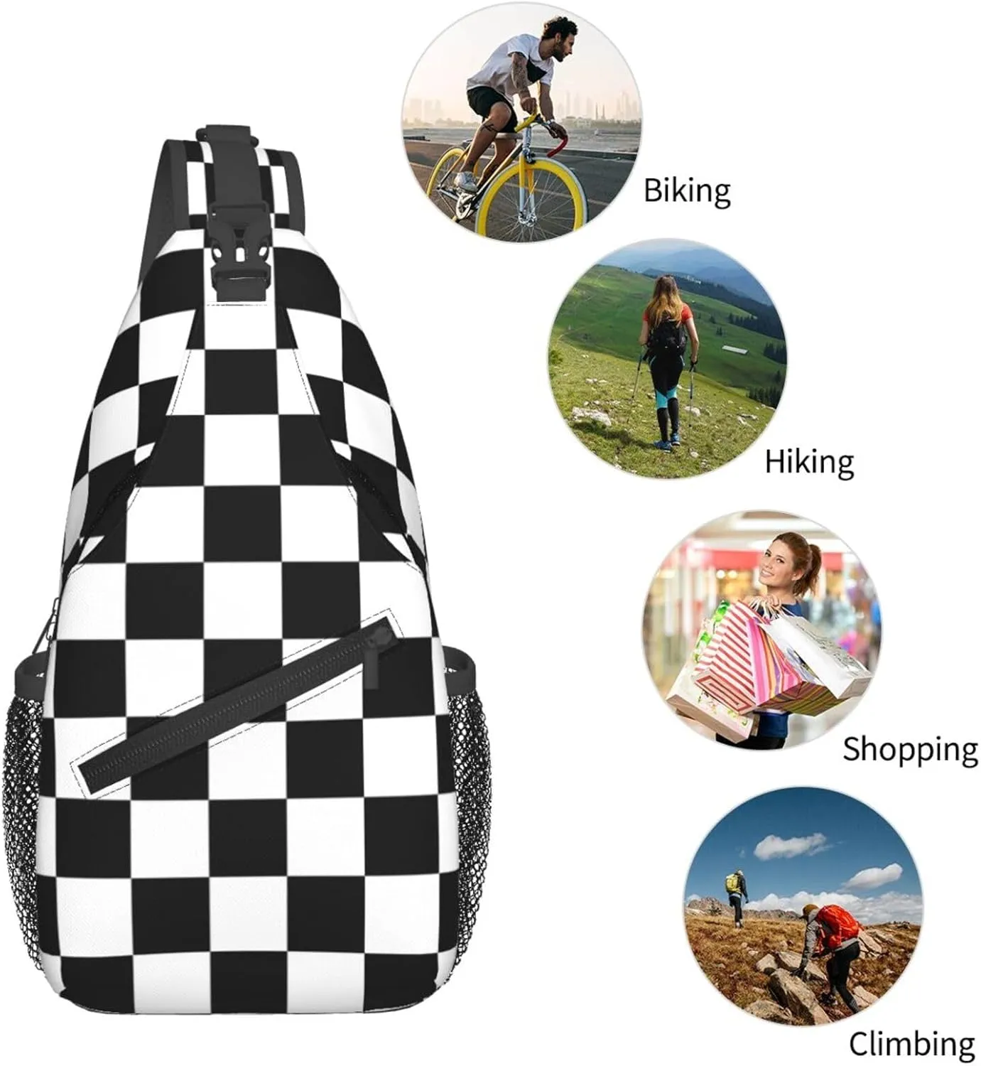 Checkered Sling Bag for Women Crossbody Bag Checkerboard with Black and White Squares Sling Backpack for Men Abstract Geometric Pattern Shoulder Bag Gym Sports Travel Hiking Daypack