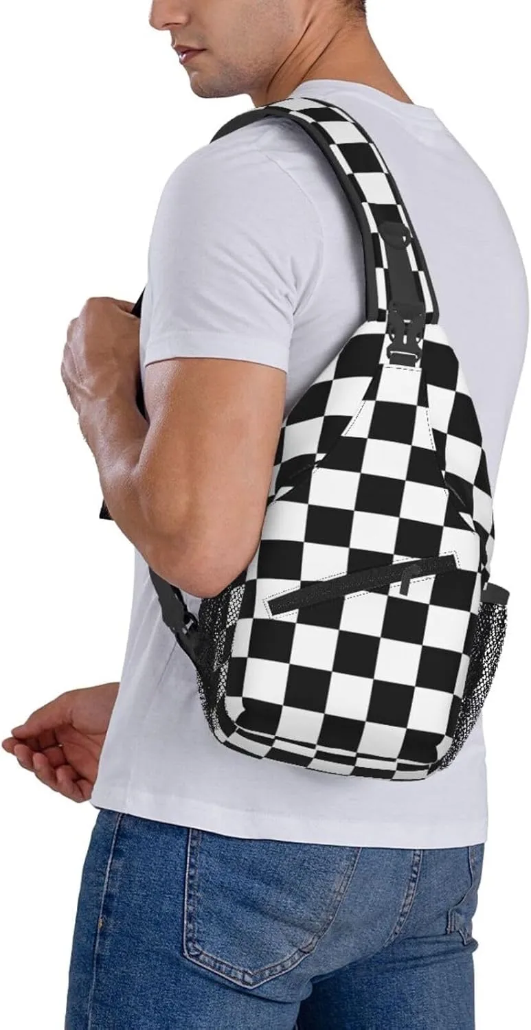 Checkered Sling Bag for Women Crossbody Bag Checkerboard with Black and White Squares Sling Backpack for Men Abstract Geometric Pattern Shoulder Bag Gym Sports Travel Hiking Daypack