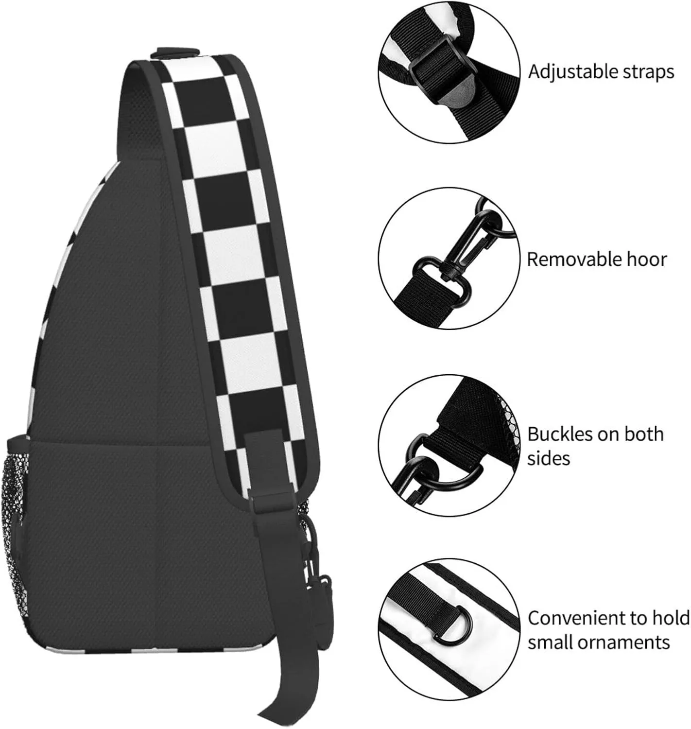 Checkered Sling Bag for Women Crossbody Bag Checkerboard with Black and White Squares Sling Backpack for Men Abstract Geometric Pattern Shoulder Bag Gym Sports Travel Hiking Daypack