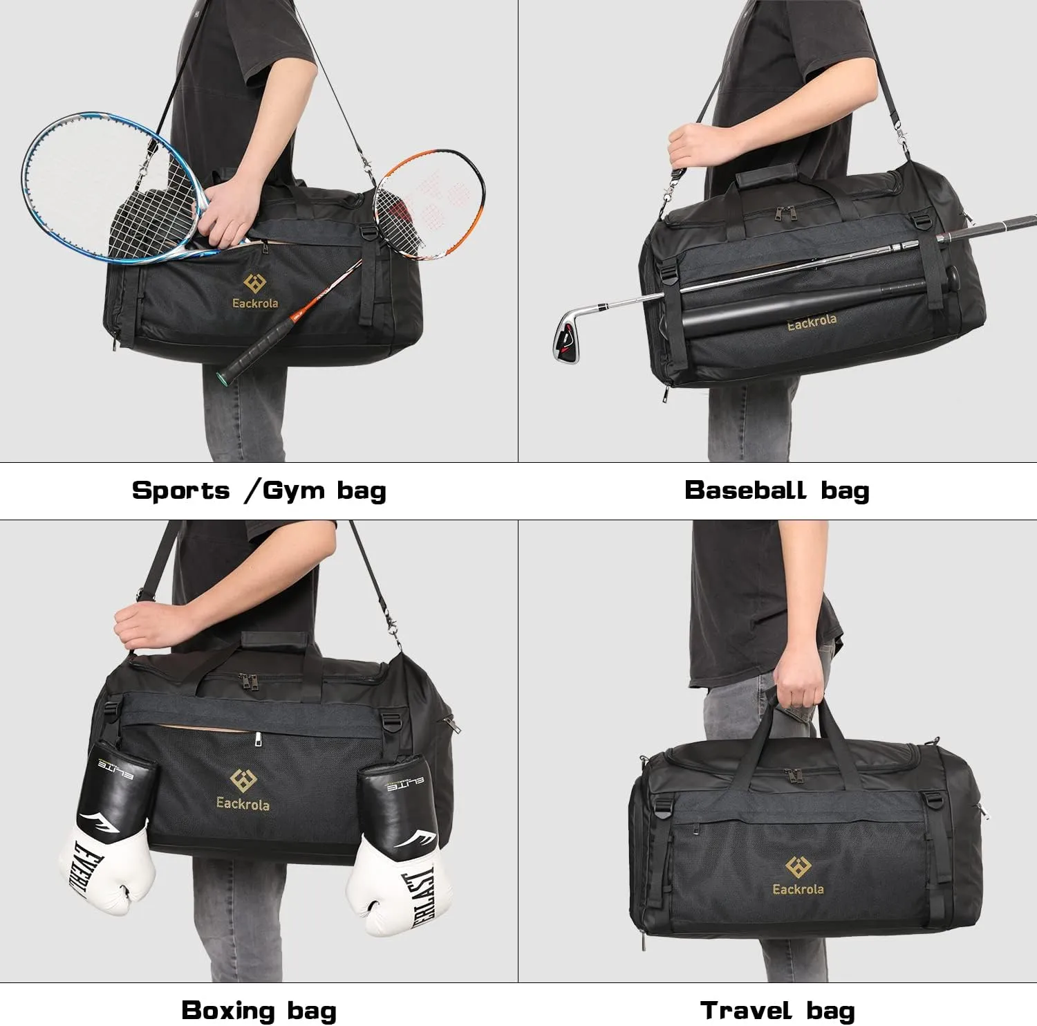 Eackrola Extra Large Sports Gym Bag, Travel Duffel bag with Wet Pocket & Shoes Compartment for men women, 85L, Lightweight Black