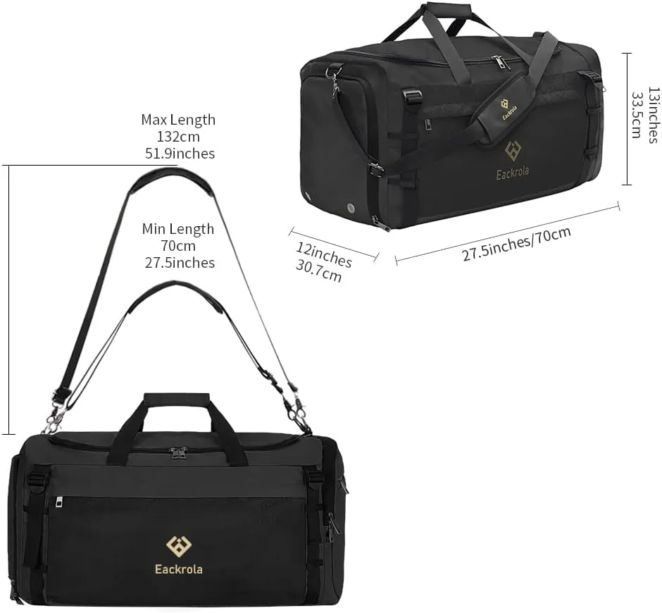 Eackrola Extra Large Sports Gym Bag, Travel Duffel bag with Wet Pocket & Shoes Compartment for men women, 85L, Lightweight Black