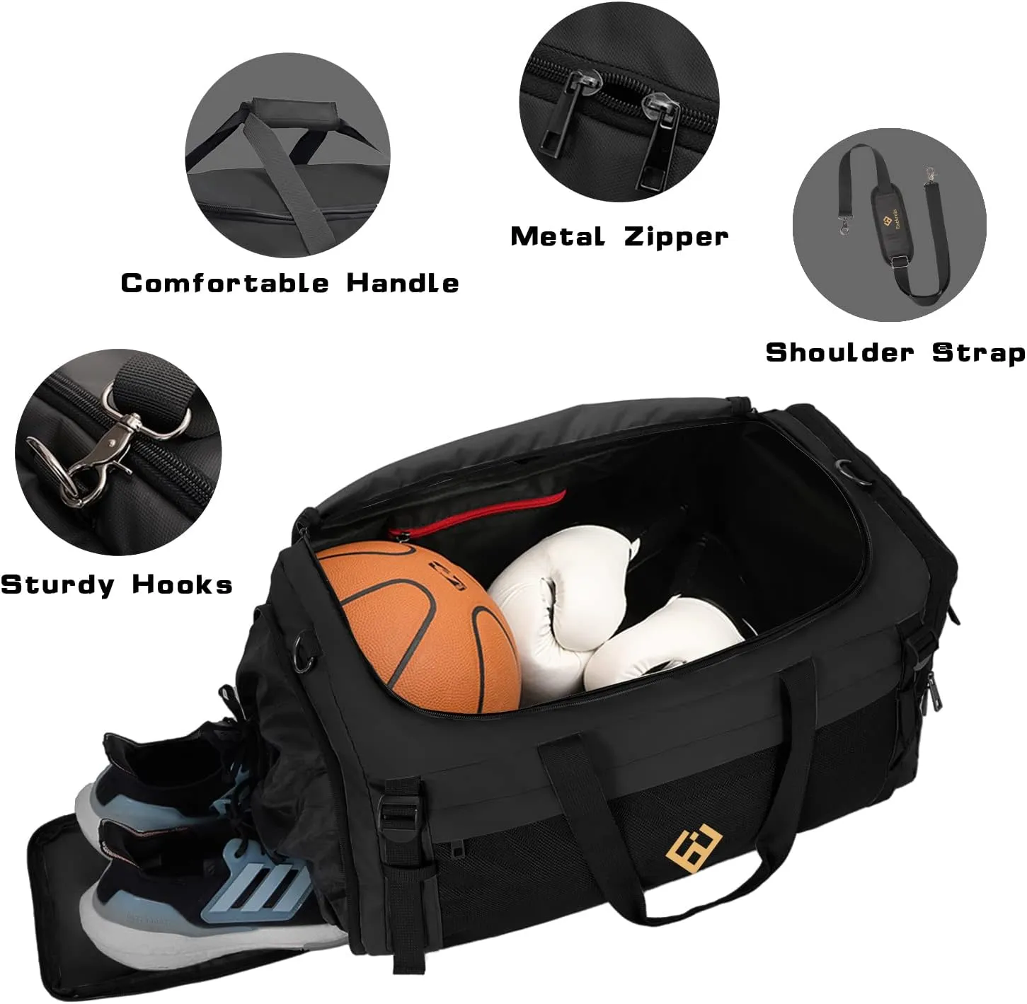 Eackrola Extra Large Sports Gym Bag, Travel Duffel bag with Wet Pocket & Shoes Compartment for men women, 85L, Lightweight Black