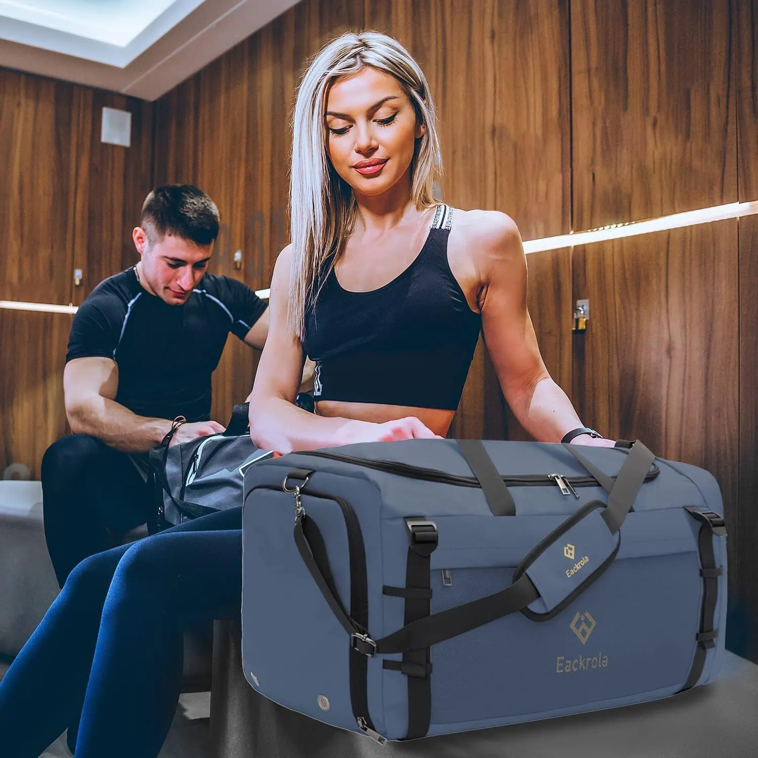 Eackrola Extra Large Sports Gym Bag, Travel Duffel bag with Wet Pocket & Shoes Compartment for men women, 85L, Lightweight Haze Blue