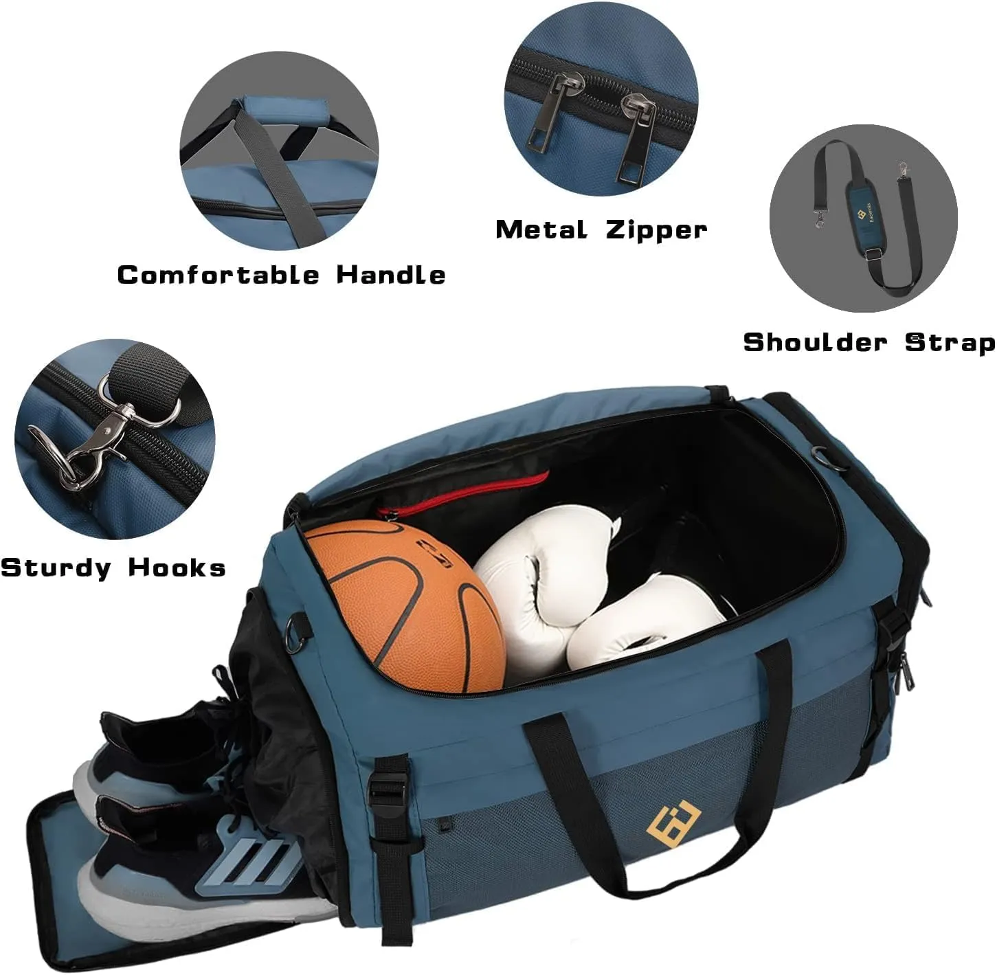 Eackrola Extra Large Sports Gym Bag, Travel Duffel bag with Wet Pocket & Shoes Compartment for men women, 85L, Lightweight Haze Blue