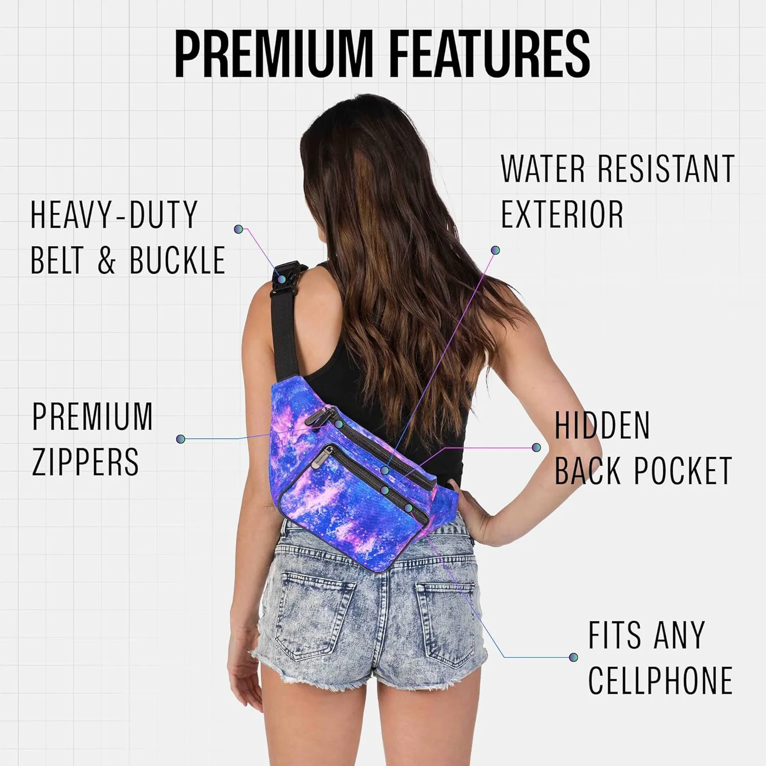 Fanny Pack Belt bag - Crossbody Waist Bag for Men or Women - Hands-Free, Waterproof Large Bumbag for Hiking, Running, and Travel (Galaxy Outer Space)