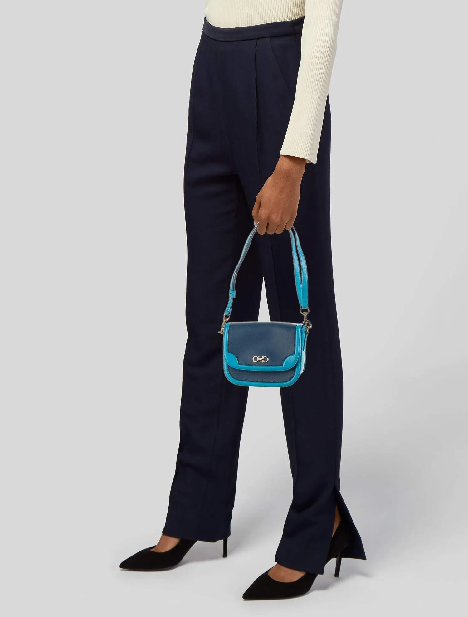 Ferragamo Greta Blue Cross Grain Calf Leather Gancini Crossbody Bag