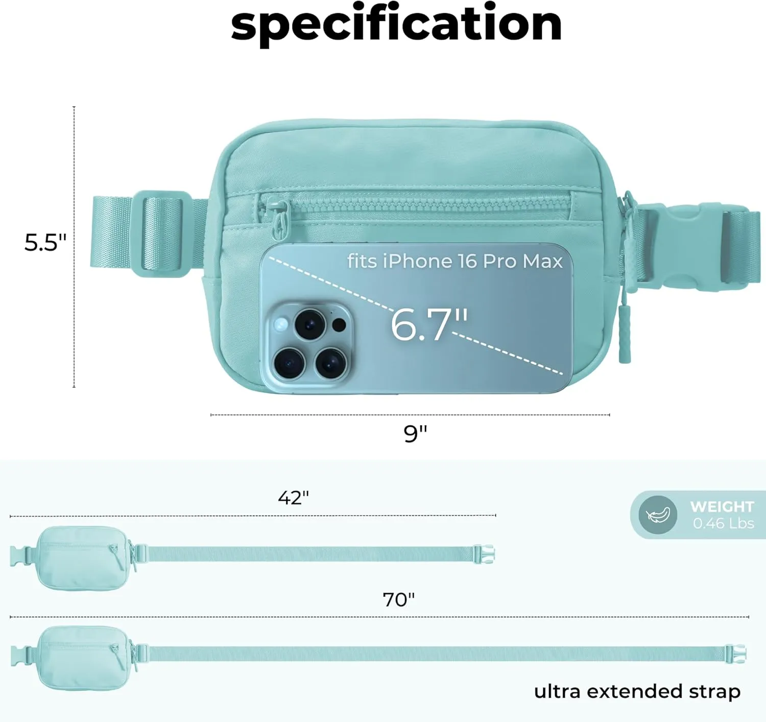 FORZAROCKET Essential Belt Bag w/Long Strap 70" & Front Zip Pocket  Crossbody Bag w/Extended Strap  Fanny Pack for Women Men  Two-Way Zipper Sling Bag  Travel & Plus Size Friendly, Icing Blue