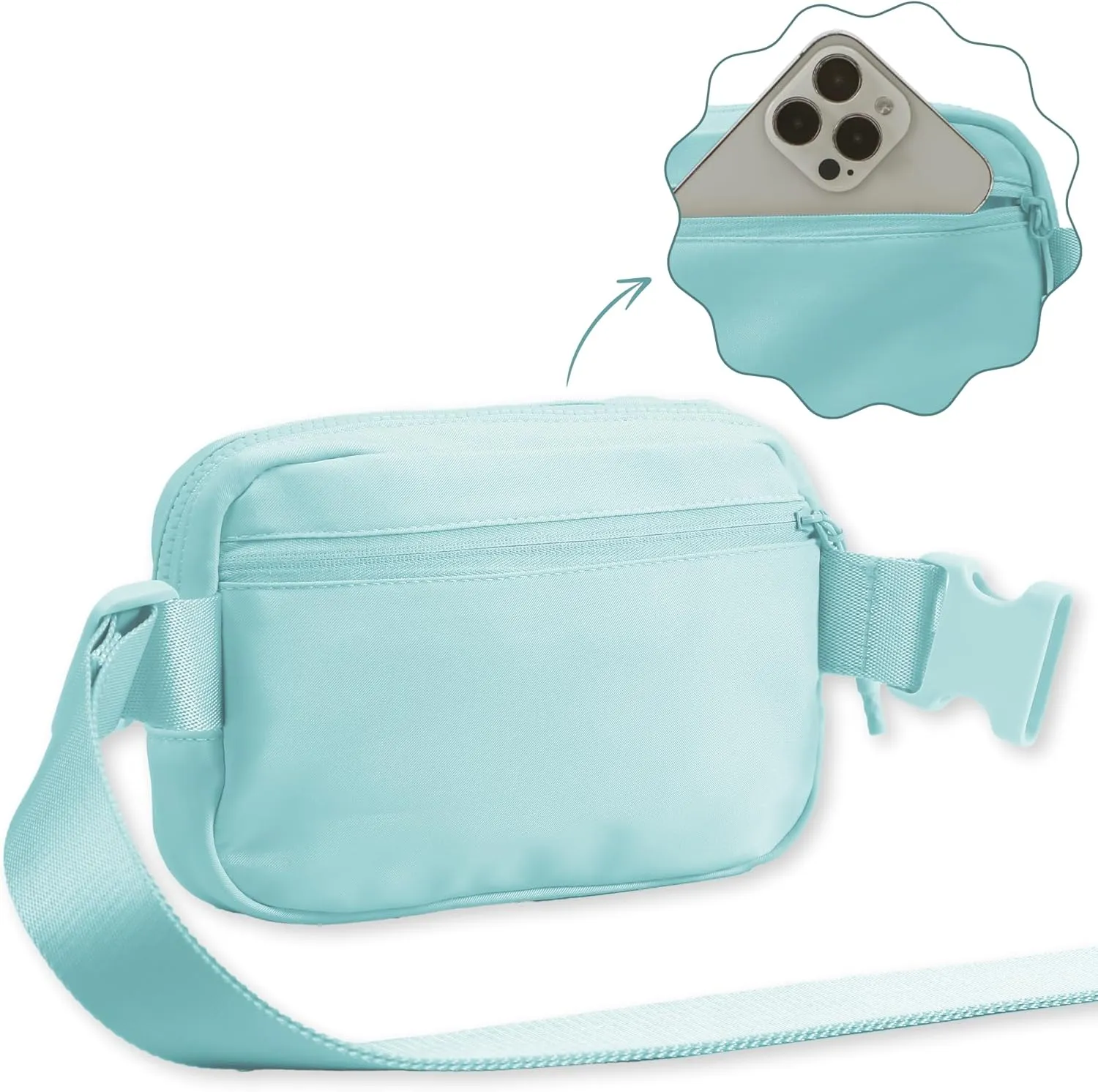 FORZAROCKET Essential Belt Bag w/Long Strap 70" & Front Zip Pocket  Crossbody Bag w/Extended Strap  Fanny Pack for Women Men  Two-Way Zipper Sling Bag  Travel & Plus Size Friendly, Icing Blue