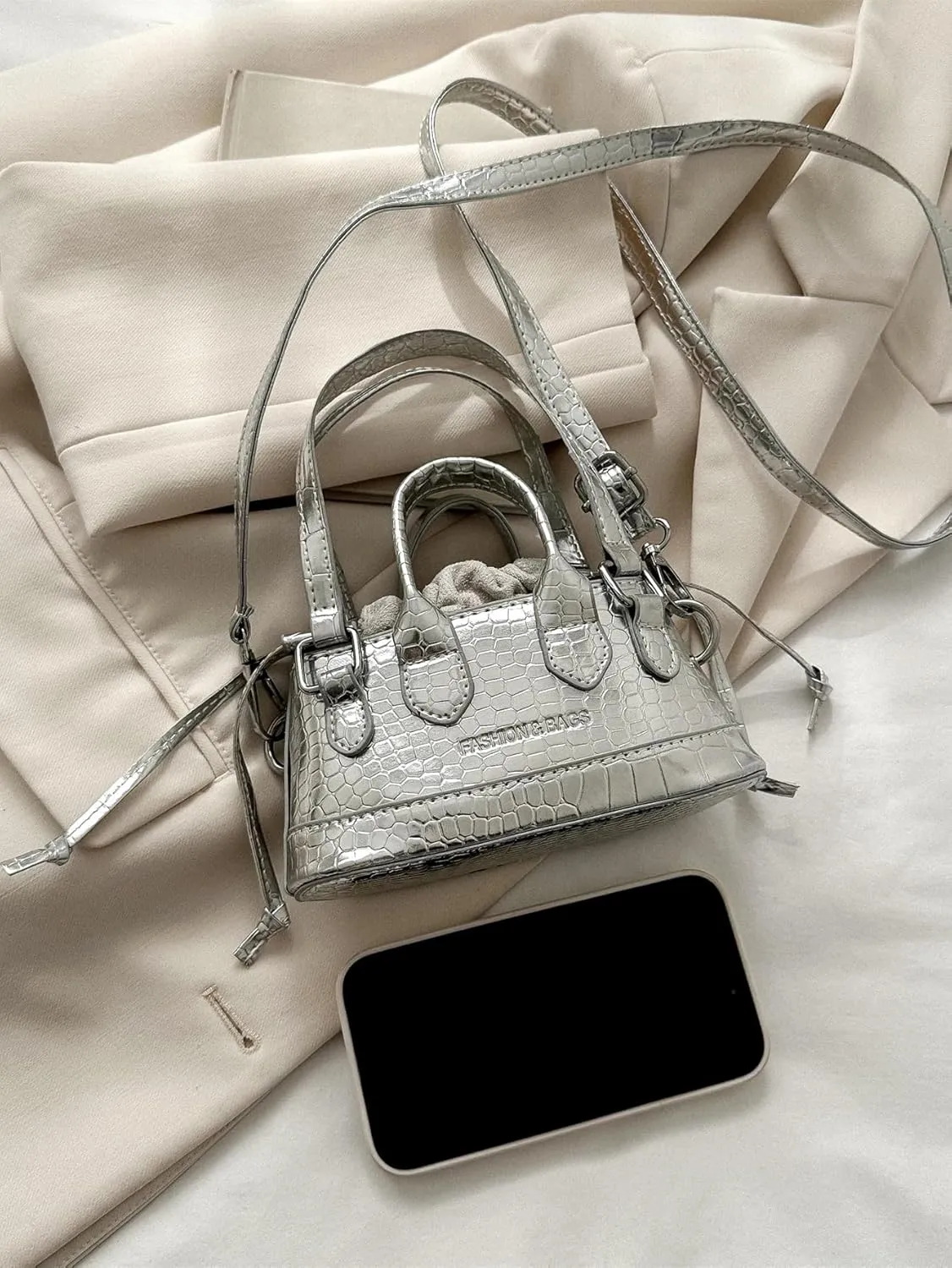 GORGLITTER Women's Mini Purse Crocodile Embossed Crossbody Bags Y2K Clutchs Drawstring Shoulder Bag