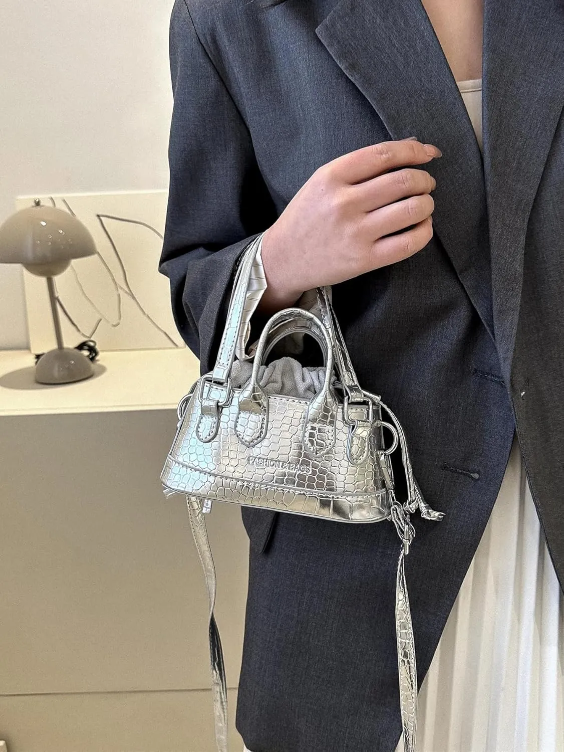 GORGLITTER Women's Mini Purse Crocodile Embossed Crossbody Bags Y2K Clutchs Drawstring Shoulder Bag