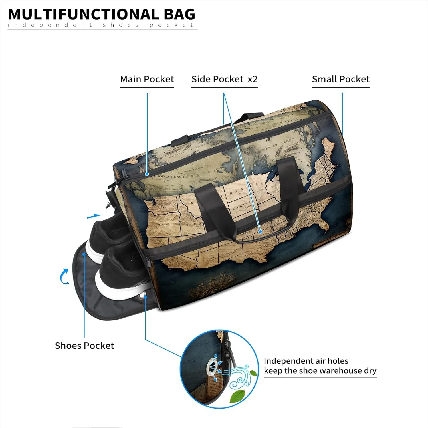 Gym Bag for Women Men, Yoga Bag with Shoe Pocket, Travel Duffel Tote Bag for Plane, Workout, Swimming, Weekend Overnight Bag Carry on Bag Hospital Holdalls, America Map - 30