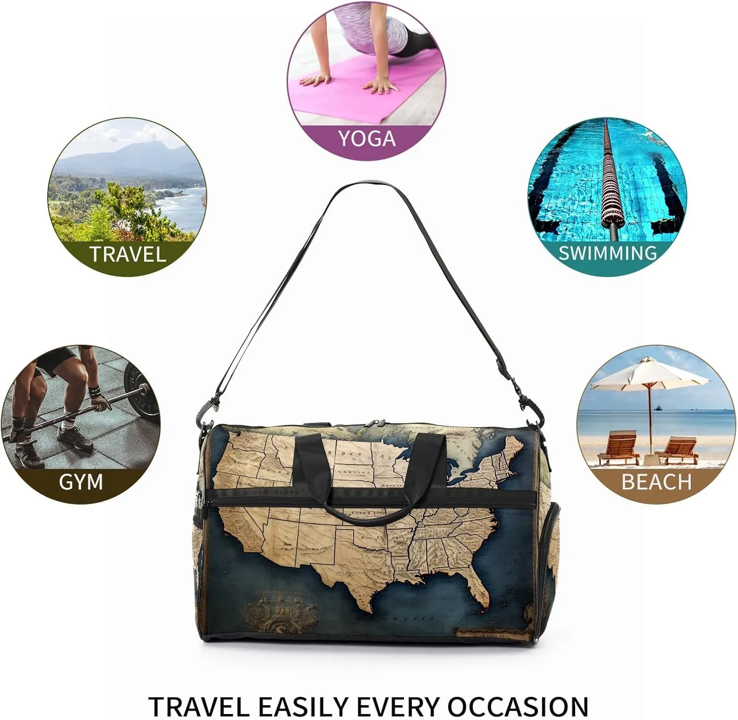 Gym Bag for Women Men, Yoga Bag with Shoe Pocket, Travel Duffel Tote Bag for Plane, Workout, Swimming, Weekend Overnight Bag Carry on Bag Hospital Holdalls, America Map - 30