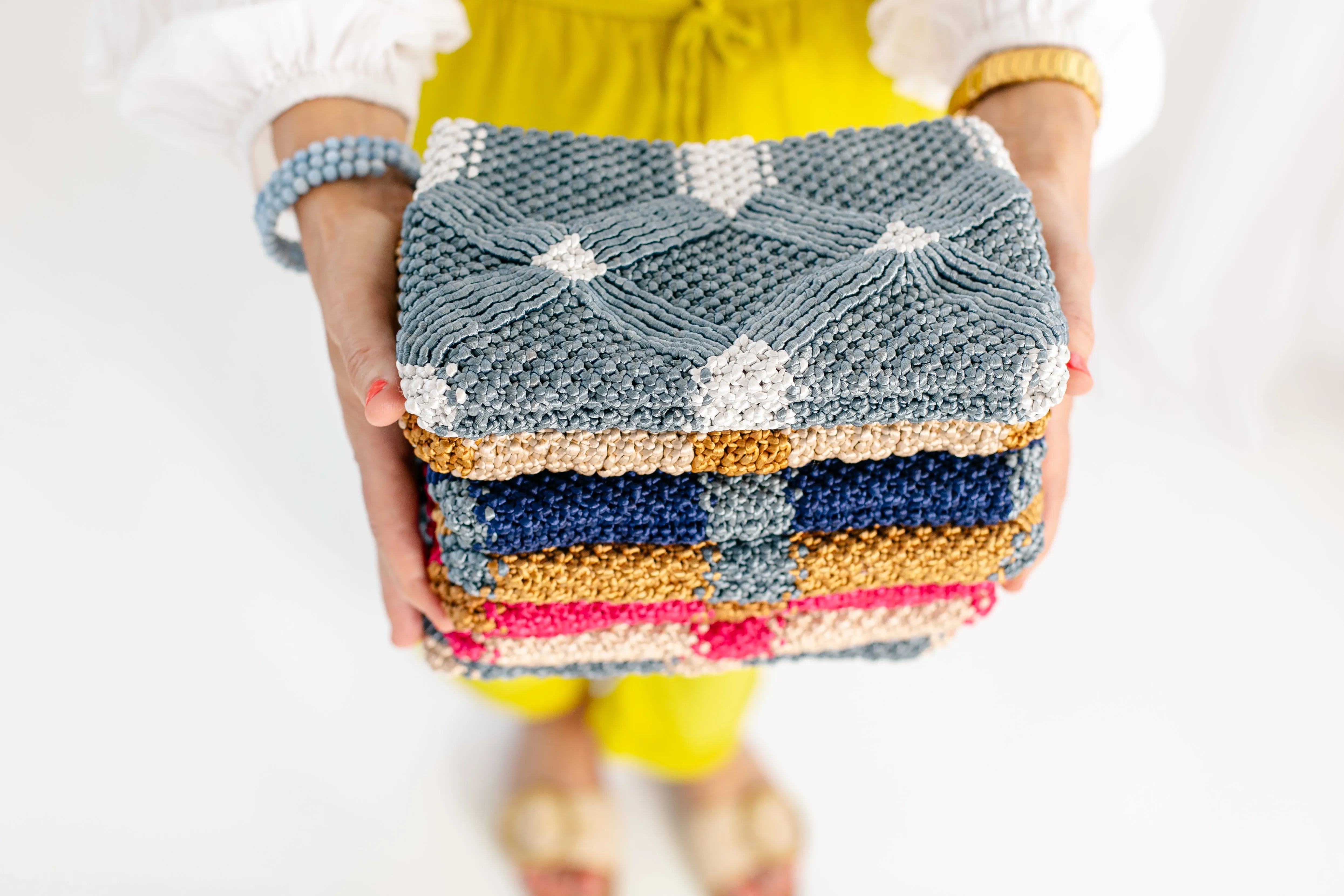 Handmade Macrame Clutch- Dusty Blue and White