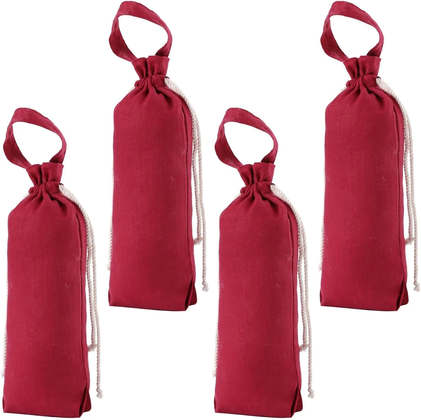 HSOFTIFY 4 Pcs 100% Linen Wine Bags Drawstring with Handle 14x6.3 Inches Wine Bottle Gift Wrapping for Party, Wedding, Christmas (Red)