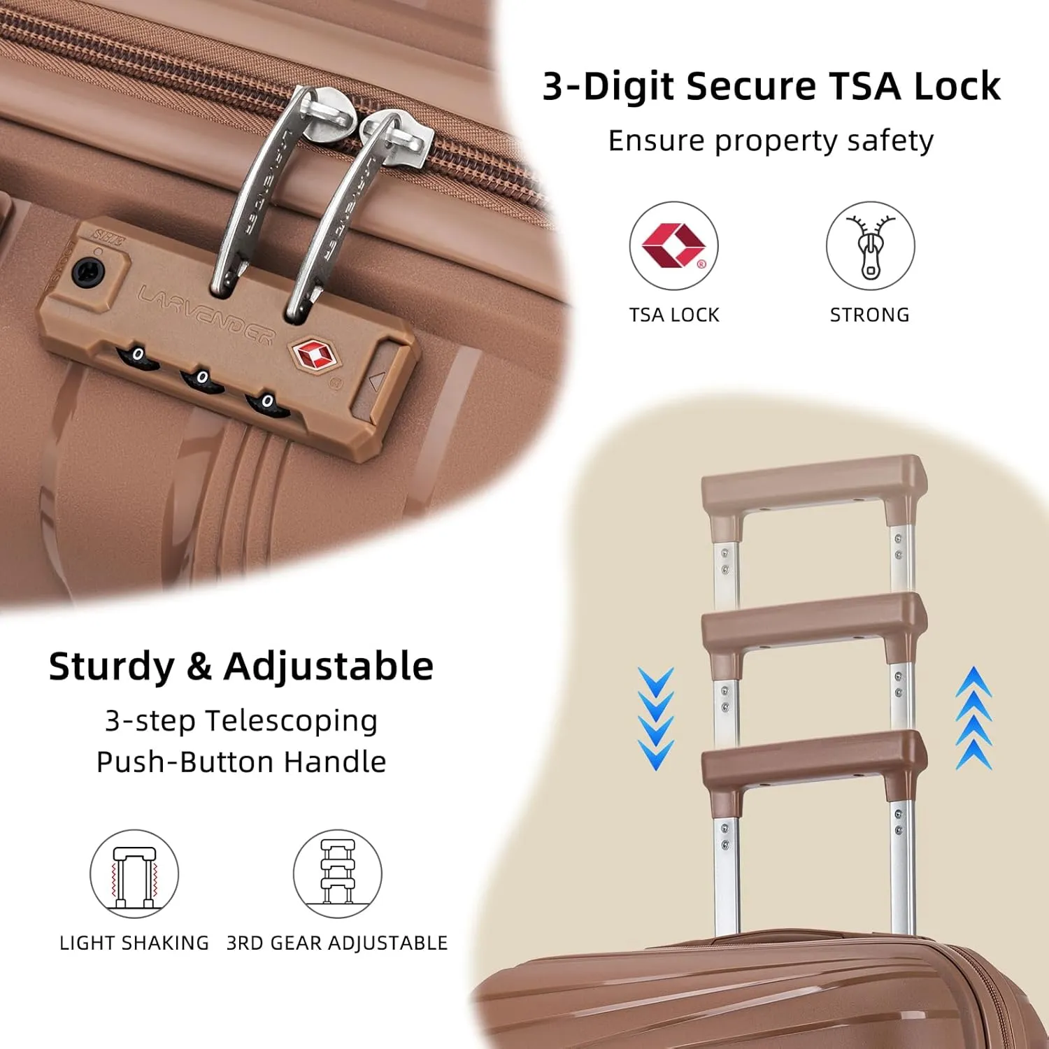 LARVENDER Carry On Luggage 22x14x9 Airline Approved, 20 Inch Hardshell & Lightweight PP Carry On Suitcase for Women with Spinner Wheels TSA Lock, Mocha