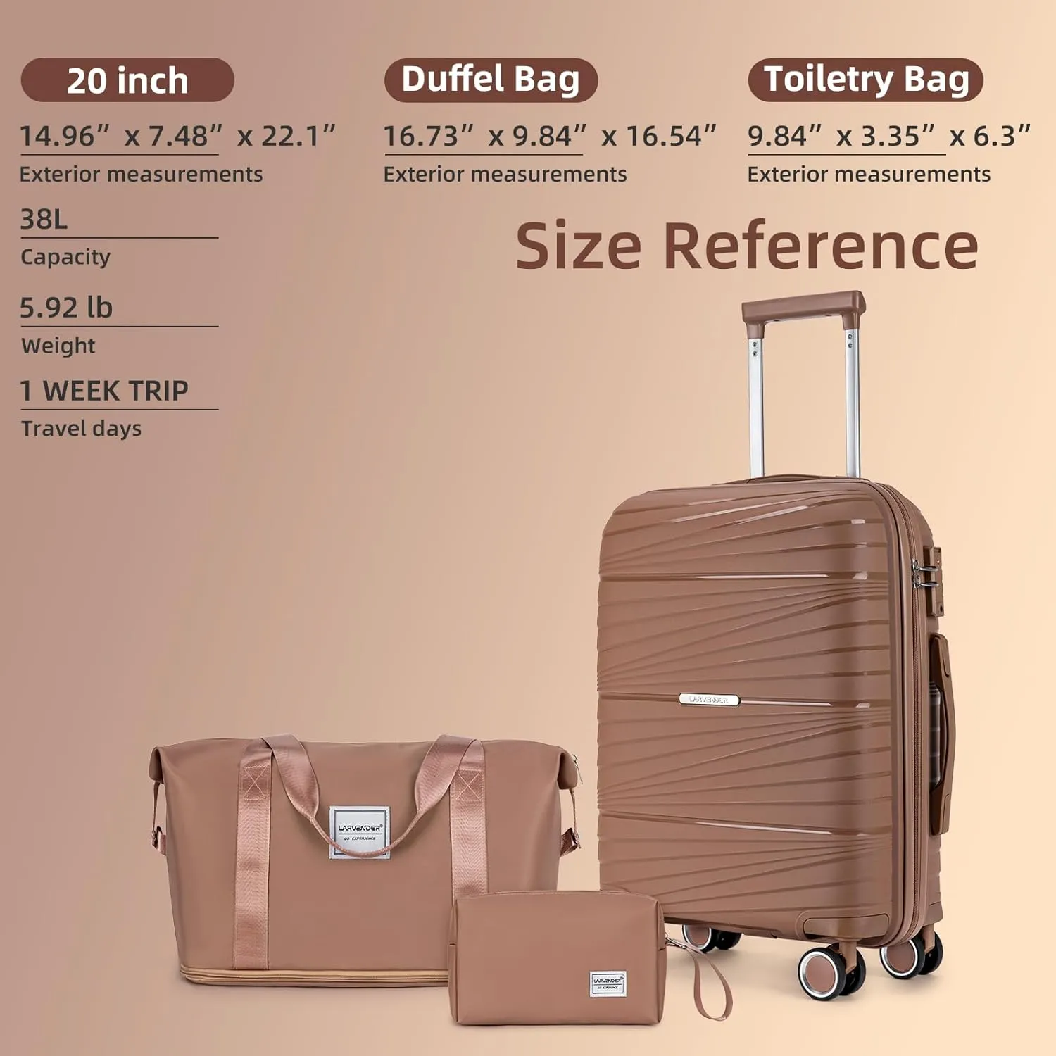 LARVENDER Carry On Luggage 22x14x9 Airline Approved, 20 Inch Hardshell & Lightweight PP Carry On Suitcase for Women with Spinner Wheels TSA Lock, Mocha