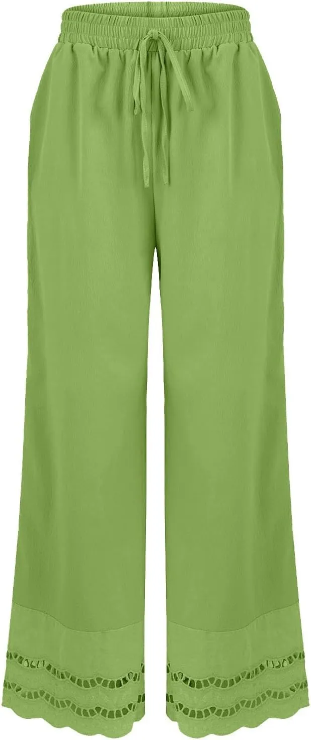 Linen Pants Women Wide Leg Cropped Lounge Trousers Drawstring Elastic Waist Summer Boho Palazzo Flowy Pant Outfits