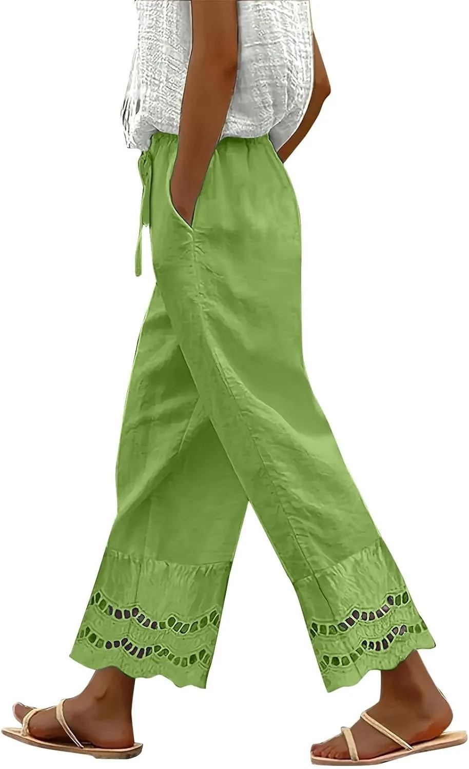 Linen Pants Women Wide Leg Cropped Lounge Trousers Drawstring Elastic Waist Summer Boho Palazzo Flowy Pant Outfits