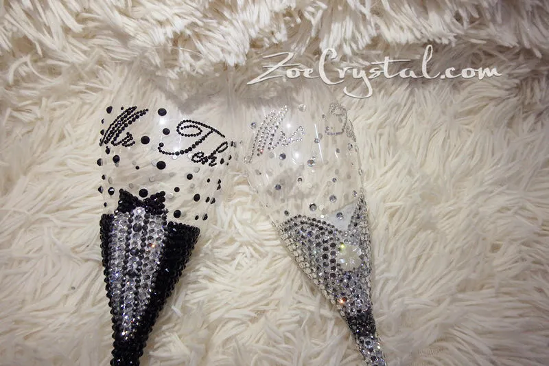 Mr and Mrs Champagne Flutes-Crystals Bling Champagne Toasting Flutes - Wedding Toasting Glasses - Bride and Groom Toast - Set of 2