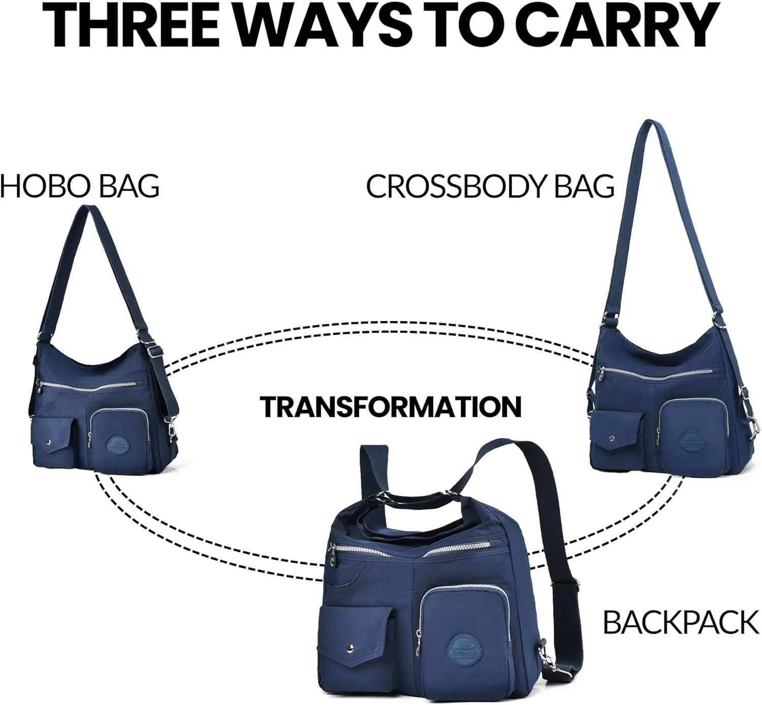 Multipurpose Hobo Purse for Women with Antitheft RFID, Waterproof Nylon Crossbody Bag Shoulder Handbag, Convertible Backpack