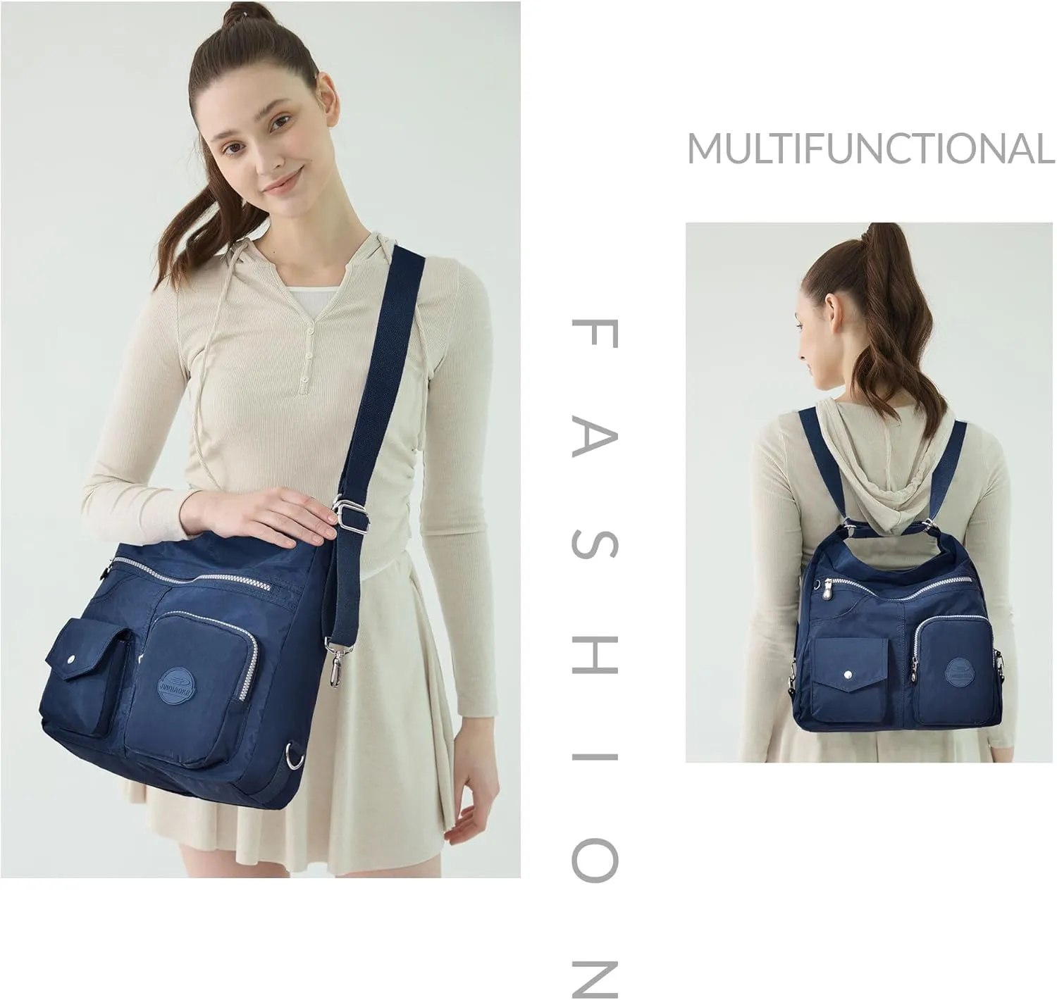 Multipurpose Hobo Purse for Women with Antitheft RFID, Waterproof Nylon Crossbody Bag Shoulder Handbag, Convertible Backpack