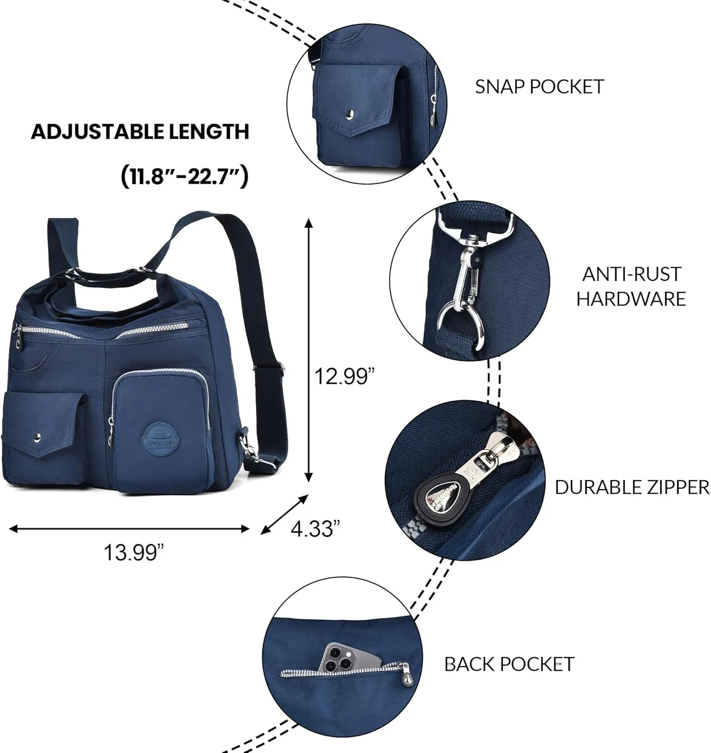 Multipurpose Hobo Purse for Women with Antitheft RFID, Waterproof Nylon Crossbody Bag Shoulder Handbag, Convertible Backpack