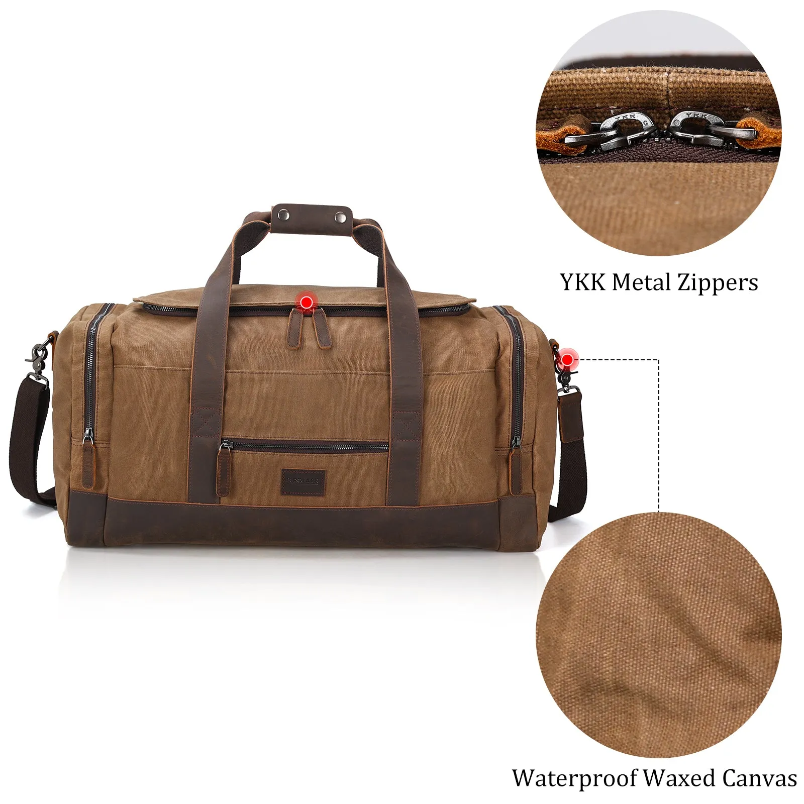 Polare 23" Waxed Canvas Cowhide Leather Travel Duffle Bag For Men 42L Duffel Bag Waterproof Overnight Carry on Luggage Sport Weekender Bag (Brown/Army Green)