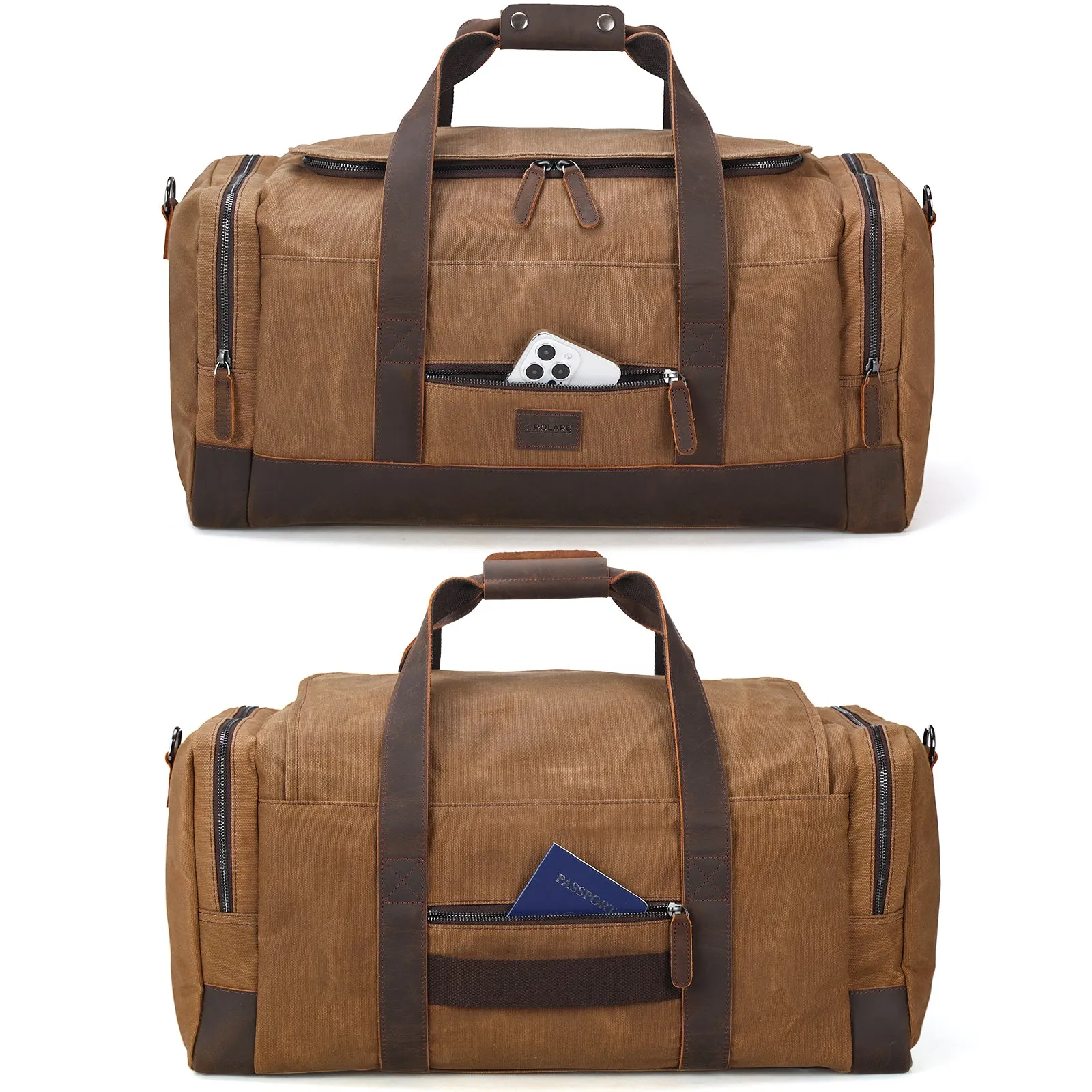 Polare 23" Waxed Canvas Cowhide Leather Travel Duffle Bag For Men 42L Duffel Bag Waterproof Overnight Carry on Luggage Sport Weekender Bag (Brown/Army Green)