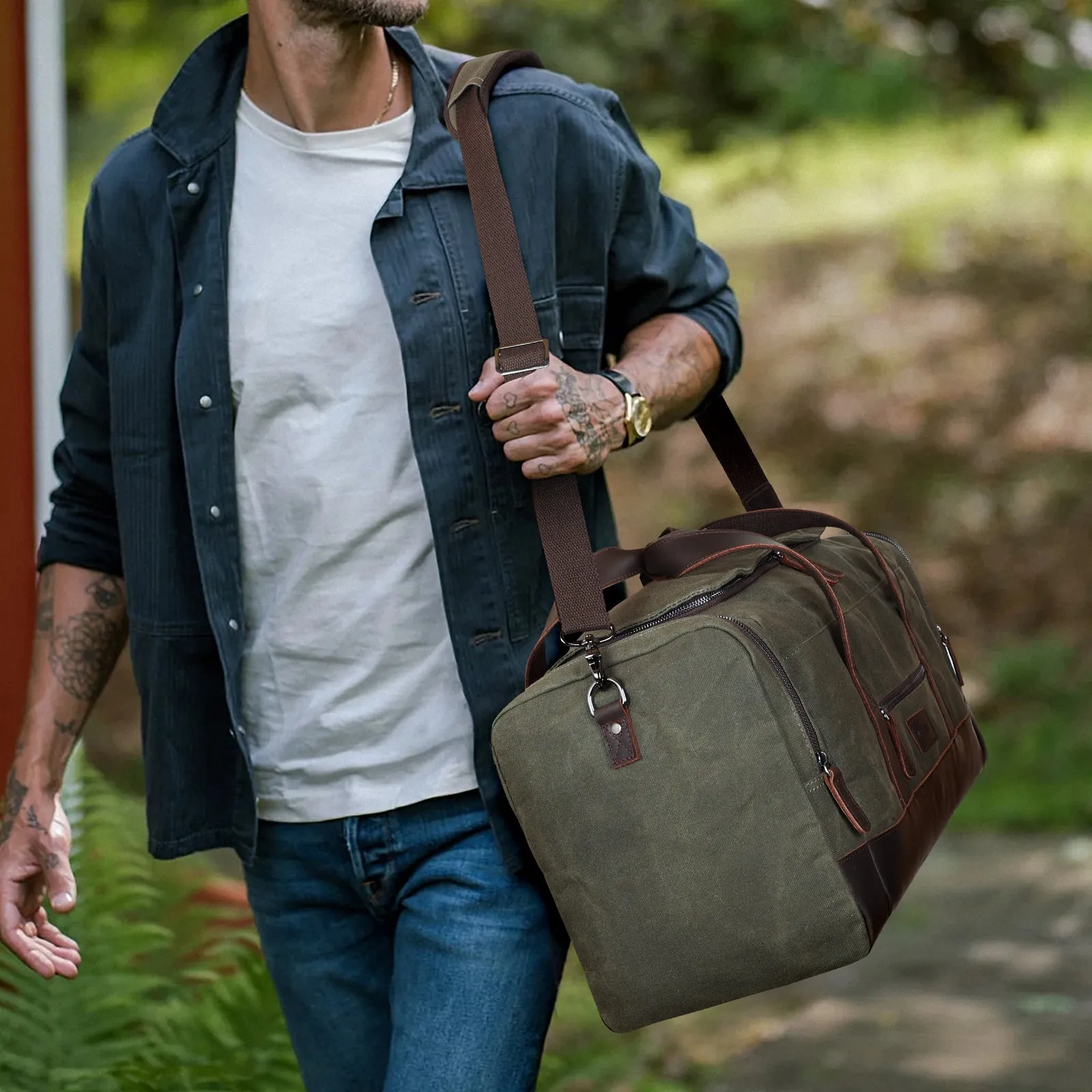 Polare 23" Waxed Canvas Cowhide Leather Travel Duffle Bag For Men 42L Duffel Bag Waterproof Overnight Carry on Luggage Sport Weekender Bag (Brown/Army Green)