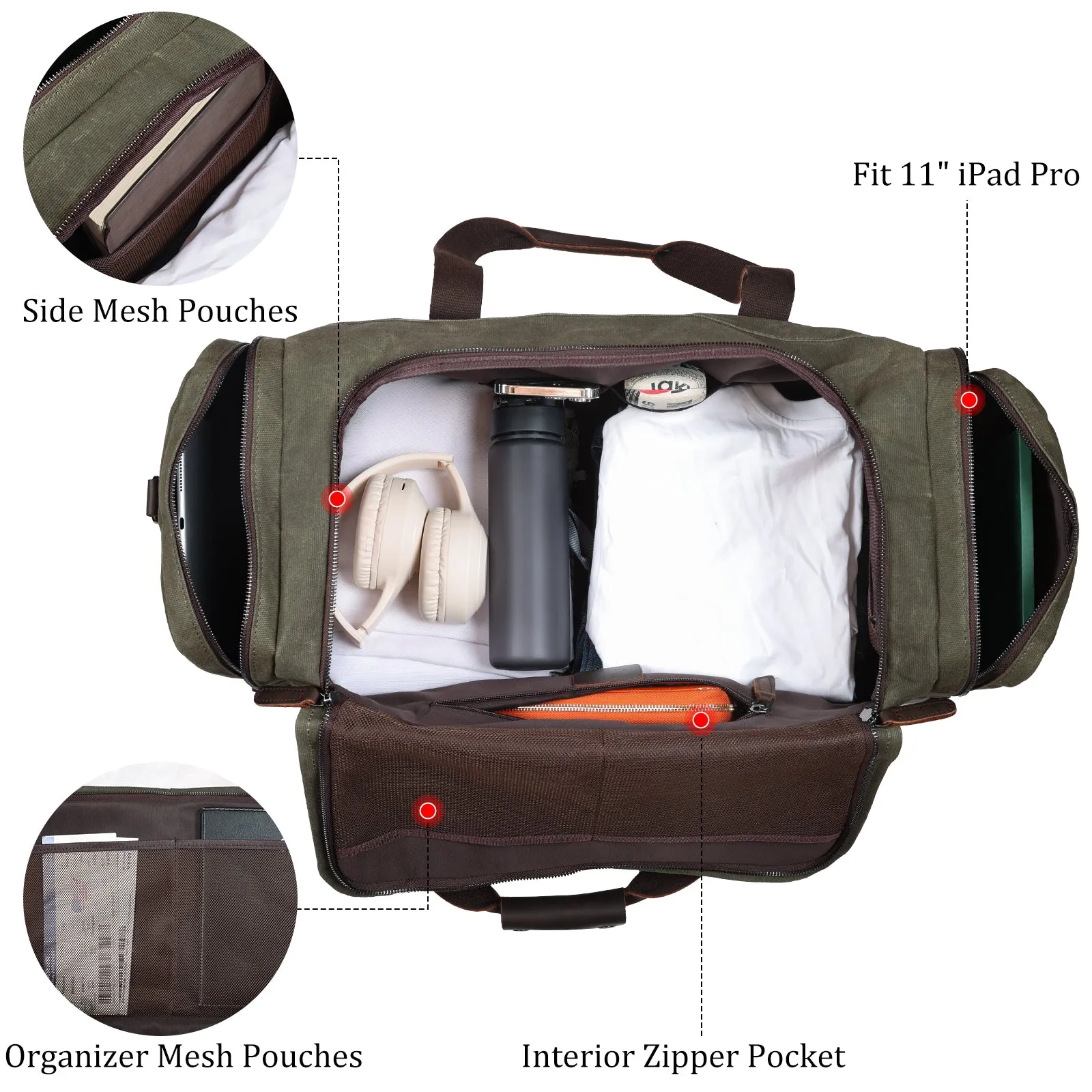 Polare 23" Waxed Canvas Cowhide Leather Travel Duffle Bag For Men 42L Duffel Bag Waterproof Overnight Carry on Luggage Sport Weekender Bag (Brown/Army Green)