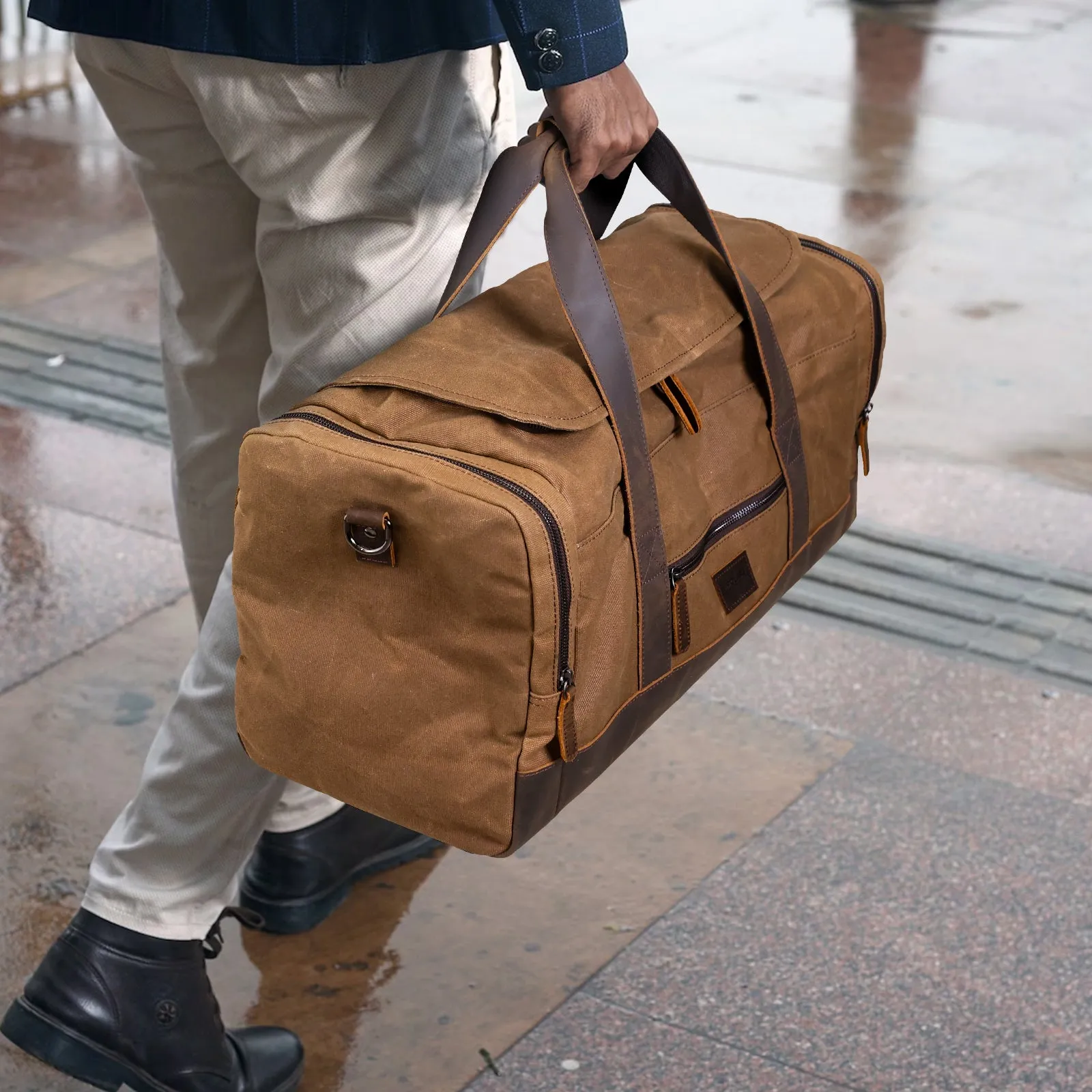 Polare 23" Waxed Canvas Cowhide Leather Travel Duffle Bag For Men 42L Duffel Bag Waterproof Overnight Carry on Luggage Sport Weekender Bag (Brown/Army Green)