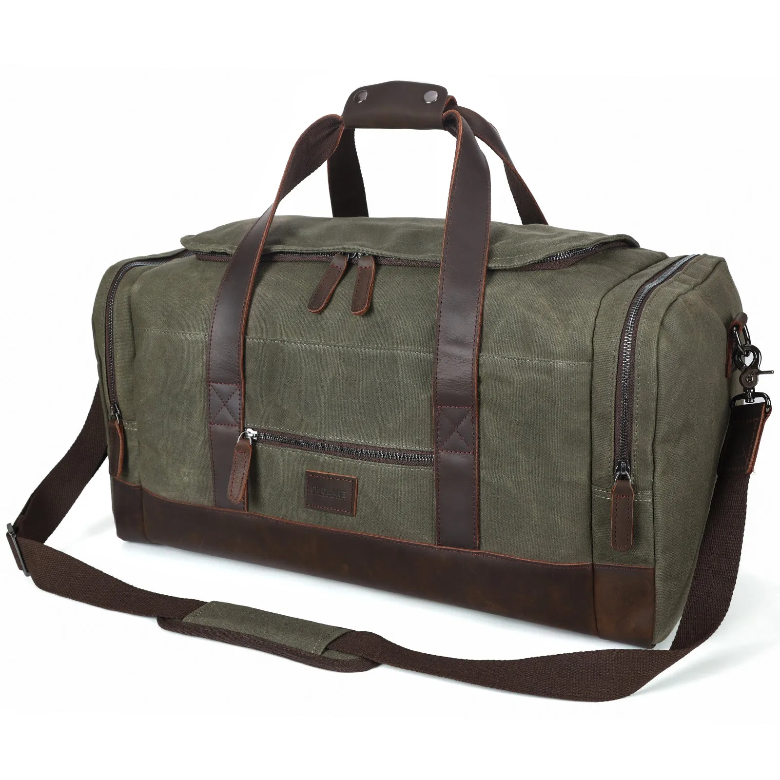 Polare 23" Waxed Canvas Cowhide Leather Travel Duffle Bag For Men 42L Duffel Bag Waterproof Overnight Carry on Luggage Sport Weekender Bag (Brown/Army Green)