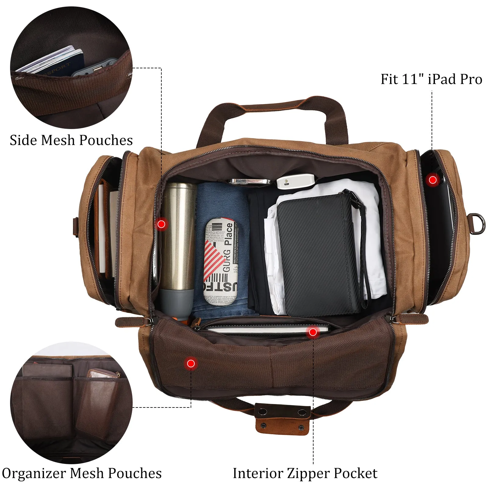 Polare 23" Waxed Canvas Cowhide Leather Travel Duffle Bag For Men 42L Duffel Bag Waterproof Overnight Carry on Luggage Sport Weekender Bag (Brown/Army Green)