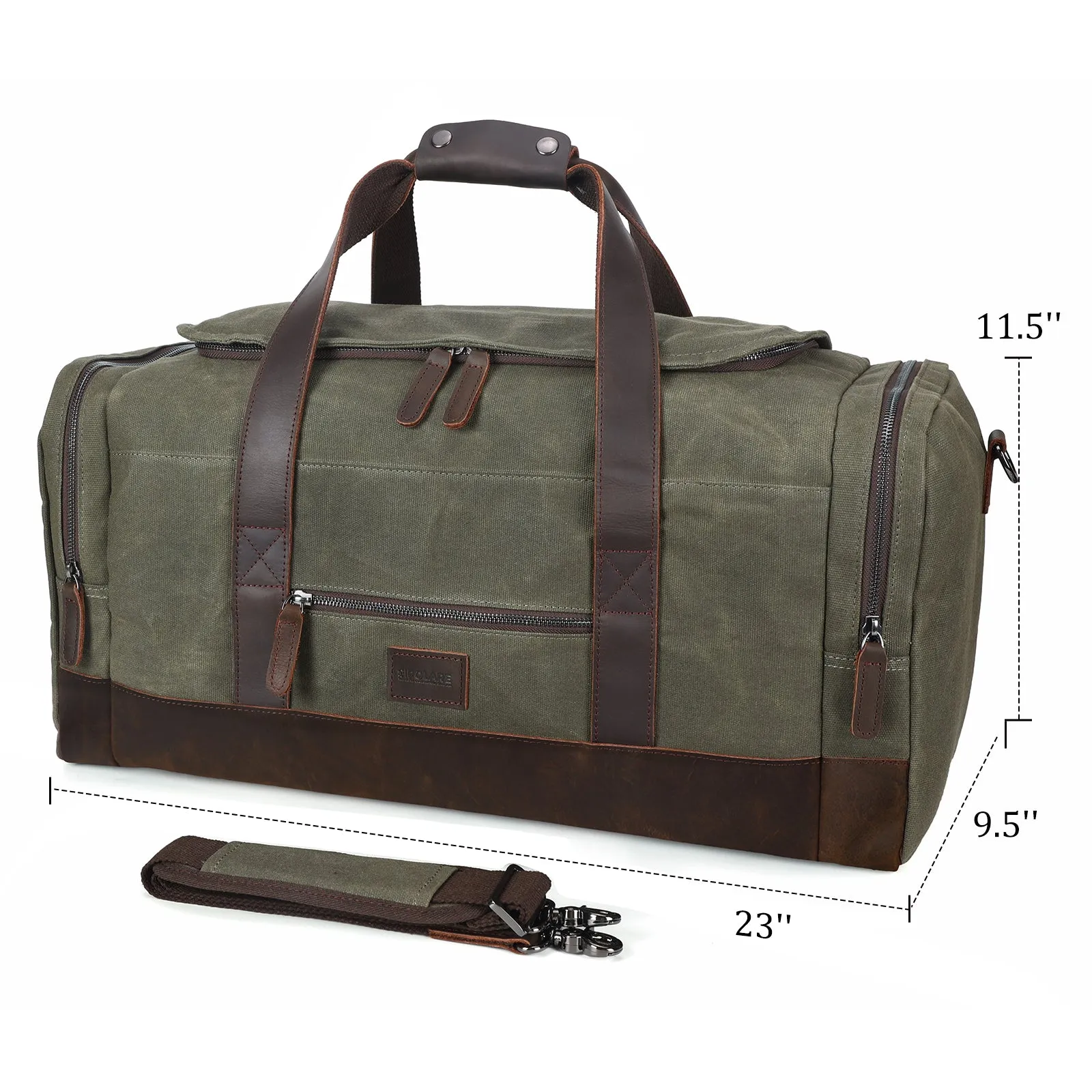Polare 23" Waxed Canvas Cowhide Leather Travel Duffle Bag For Men 42L Duffel Bag Waterproof Overnight Carry on Luggage Sport Weekender Bag (Brown/Army Green)