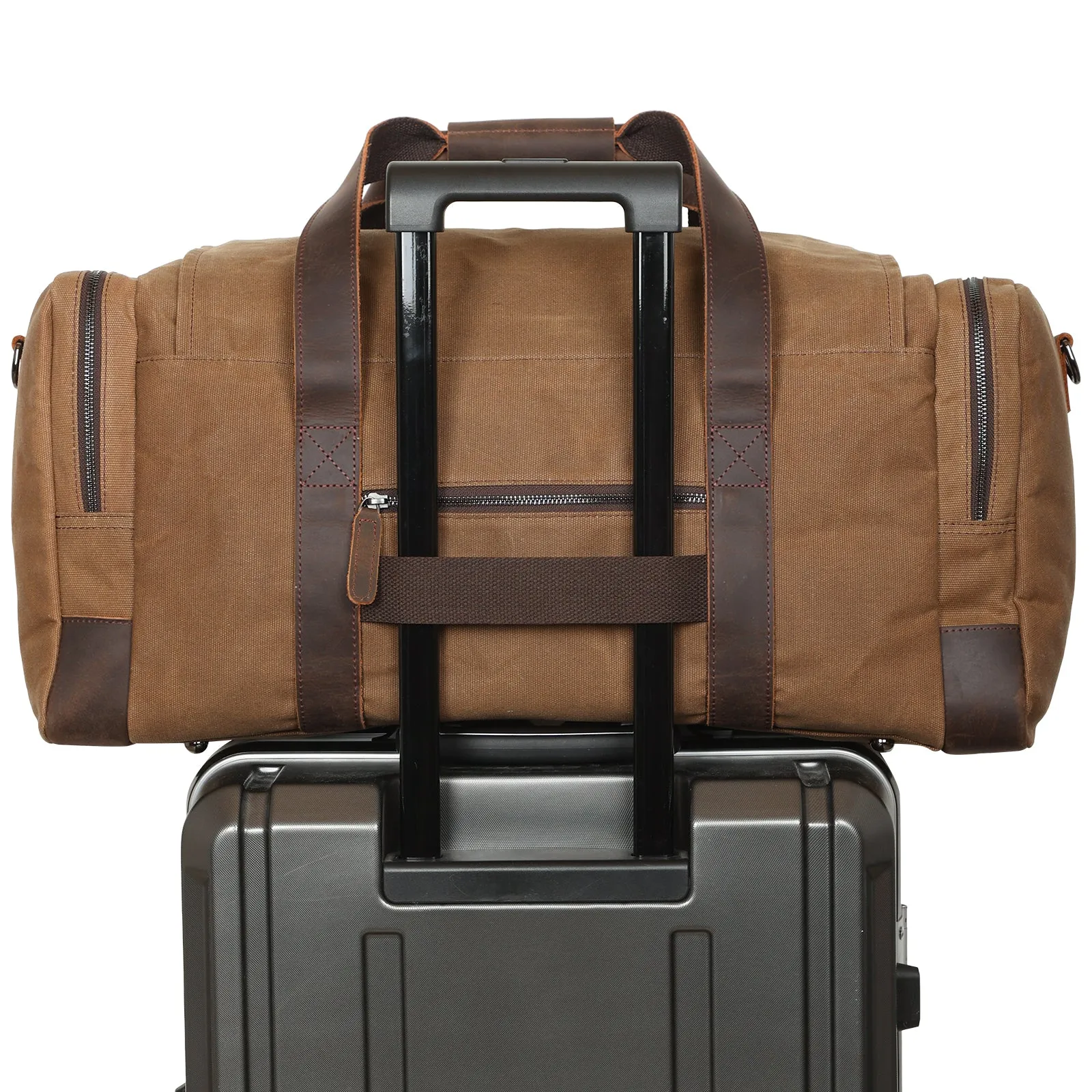 Polare 23" Waxed Canvas Cowhide Leather Travel Duffle Bag For Men 42L Duffel Bag Waterproof Overnight Carry on Luggage Sport Weekender Bag (Brown/Army Green)