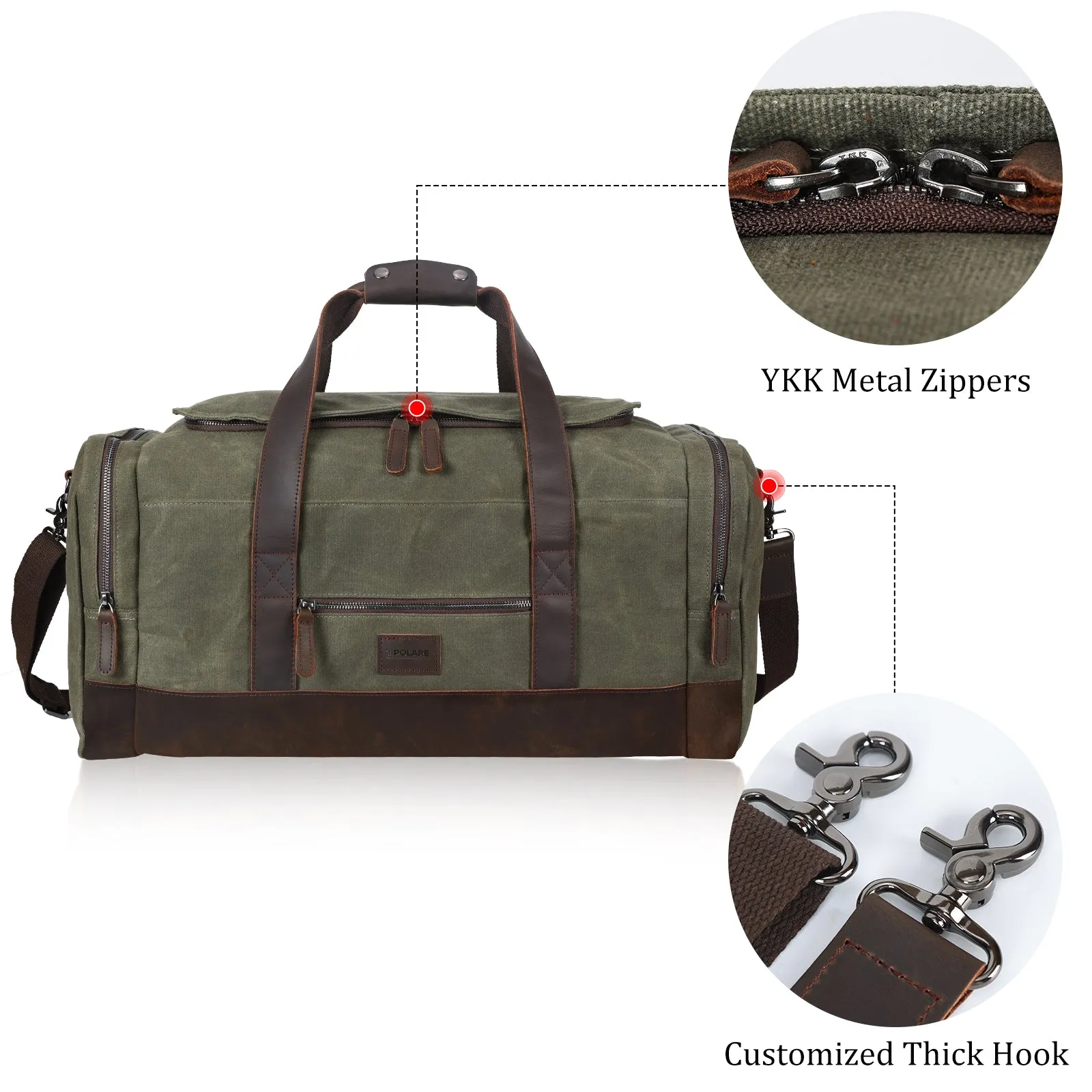 Polare 23" Waxed Canvas Cowhide Leather Travel Duffle Bag For Men 42L Duffel Bag Waterproof Overnight Carry on Luggage Sport Weekender Bag (Brown/Army Green)