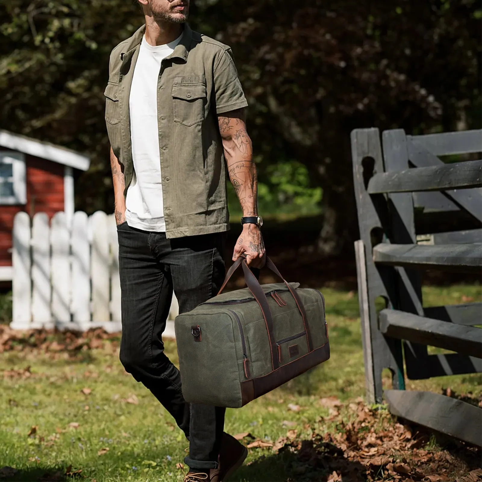 Polare 23" Waxed Canvas Cowhide Leather Travel Duffle Bag For Men 42L Duffel Bag Waterproof Overnight Carry on Luggage Sport Weekender Bag (Brown/Army Green)