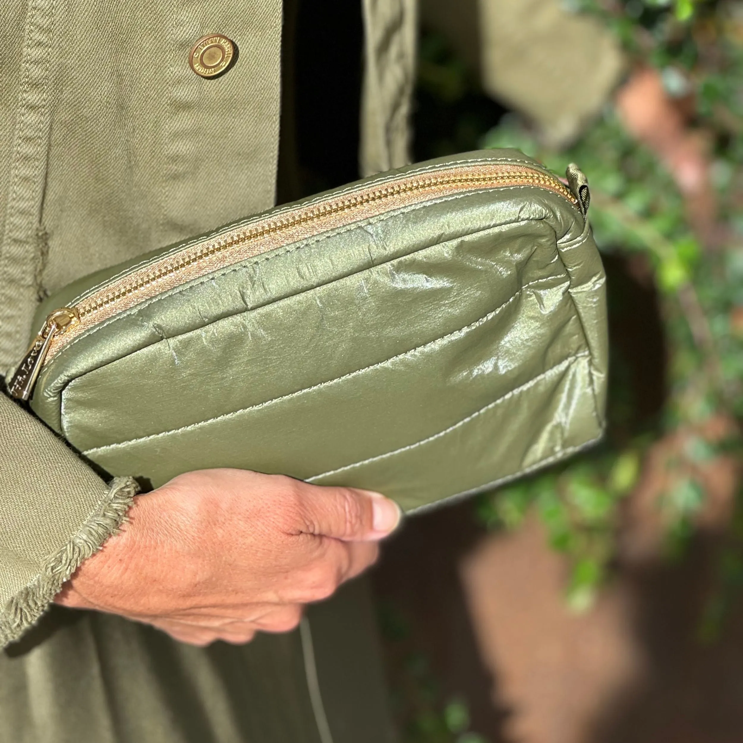 Puffer Mini Clutch with Loopholes in Shimmer Olive Green