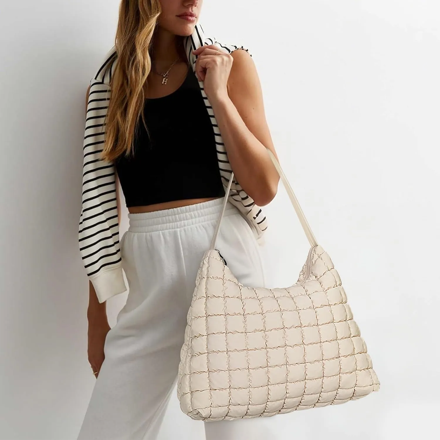 Quilted Tote Bag Puffer Hobo Bag for Women Lightweight Puffy Handbag Everyday Carryall Tote for Work Gym College